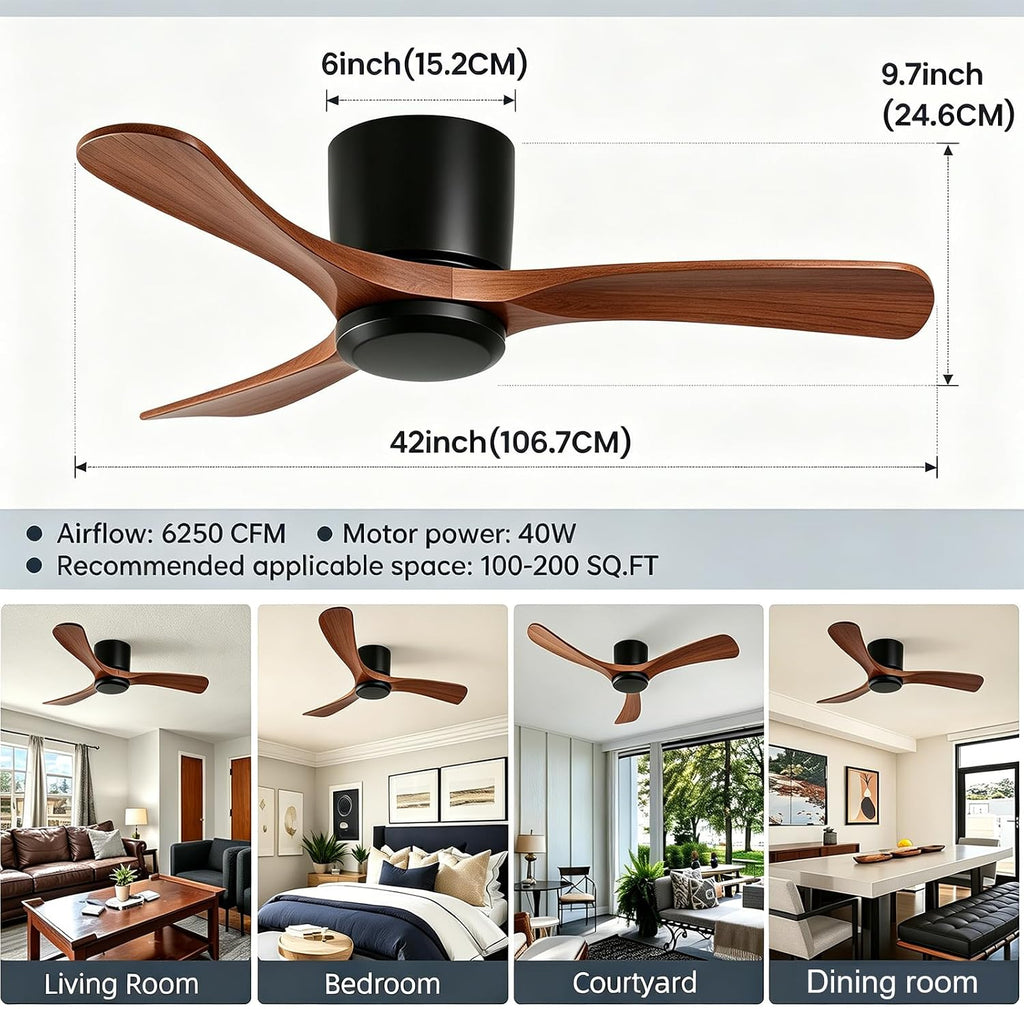 GESUM 42 Inch Wood Ceiling Fan without Light | Flush Mount, Remote Control, 3 Blade 6-Speed Reversible DC Motor, Noiseless Timer, For Bedroom Living Room Patio Porch