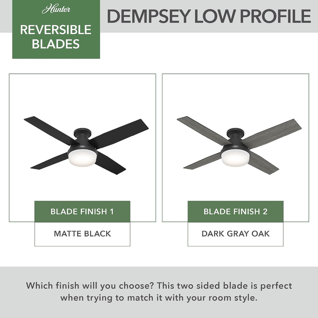 Hunter 52 inch Indoor Ceiling Fan with LED Light and Remote Control - Black Modern Ceiling Fan, Low Profile Mount, 4 Blades, for Bedroom, Living Room, or Kitchen, Quiet - Dempsey 52389, Matte Black
