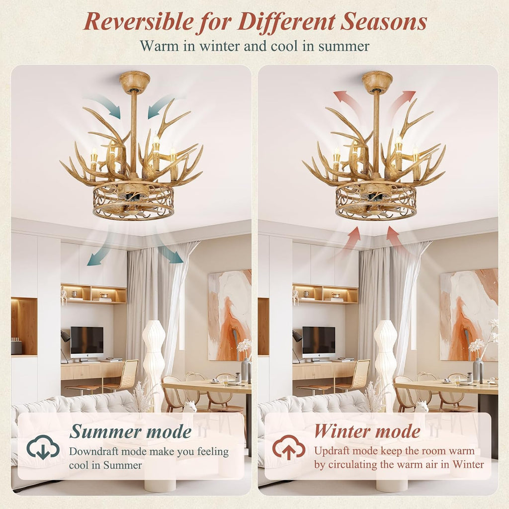 Antler Chandelier Ceiling Fan, 26' Rustic Farmhouse Ceiling Fan with 6 Lights, Retro Country Style Deer Horn Chandelier Lighting, Antler Lamp for Cafes, Bars, Kitchen, Dining Room, Living Room