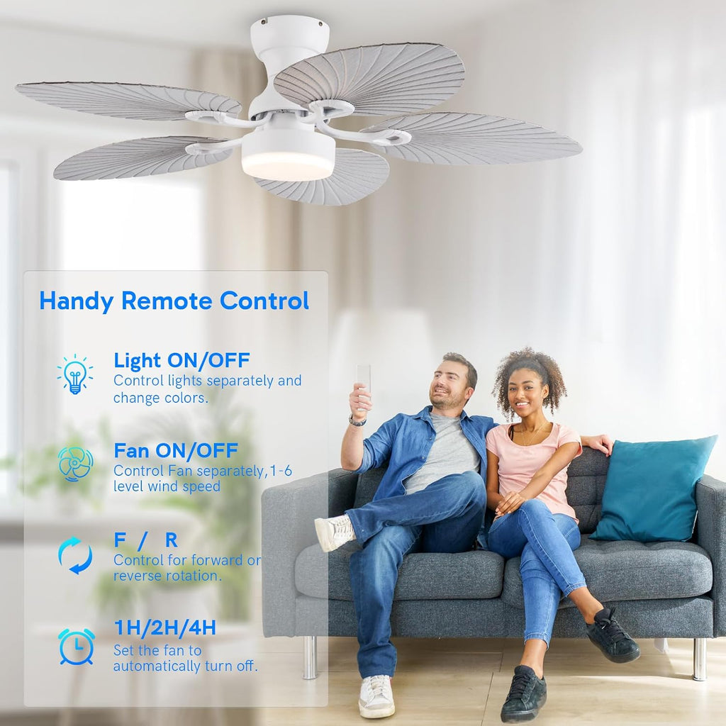 52inch Palm Leaf Ceiling Fans with Light Outdoor Tropical Ceiling Fans with Remote Timer Hand Carved 5 Blades DC Reversible Noiseless motor 6 Speeds Low Profile for Patios Living room Bedroom