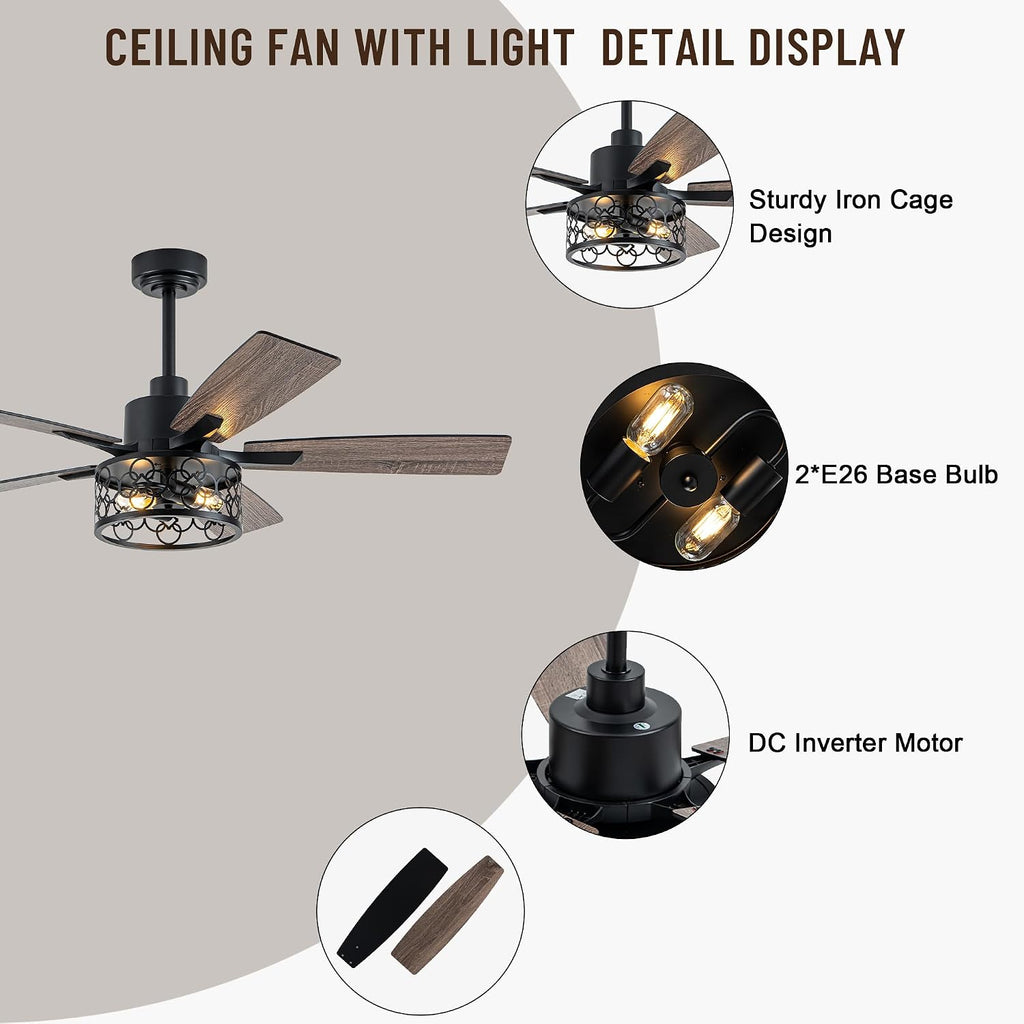 52' Farmhouse Ceiling Fans with Lights and Remote, Rustic Caged Ceiling Fan with Reversible DC Motor,5 Double Finish Wood Blades,6 Speeds,Chandelier Ceiling Fan for Living Room,Dining Room,Bedroom