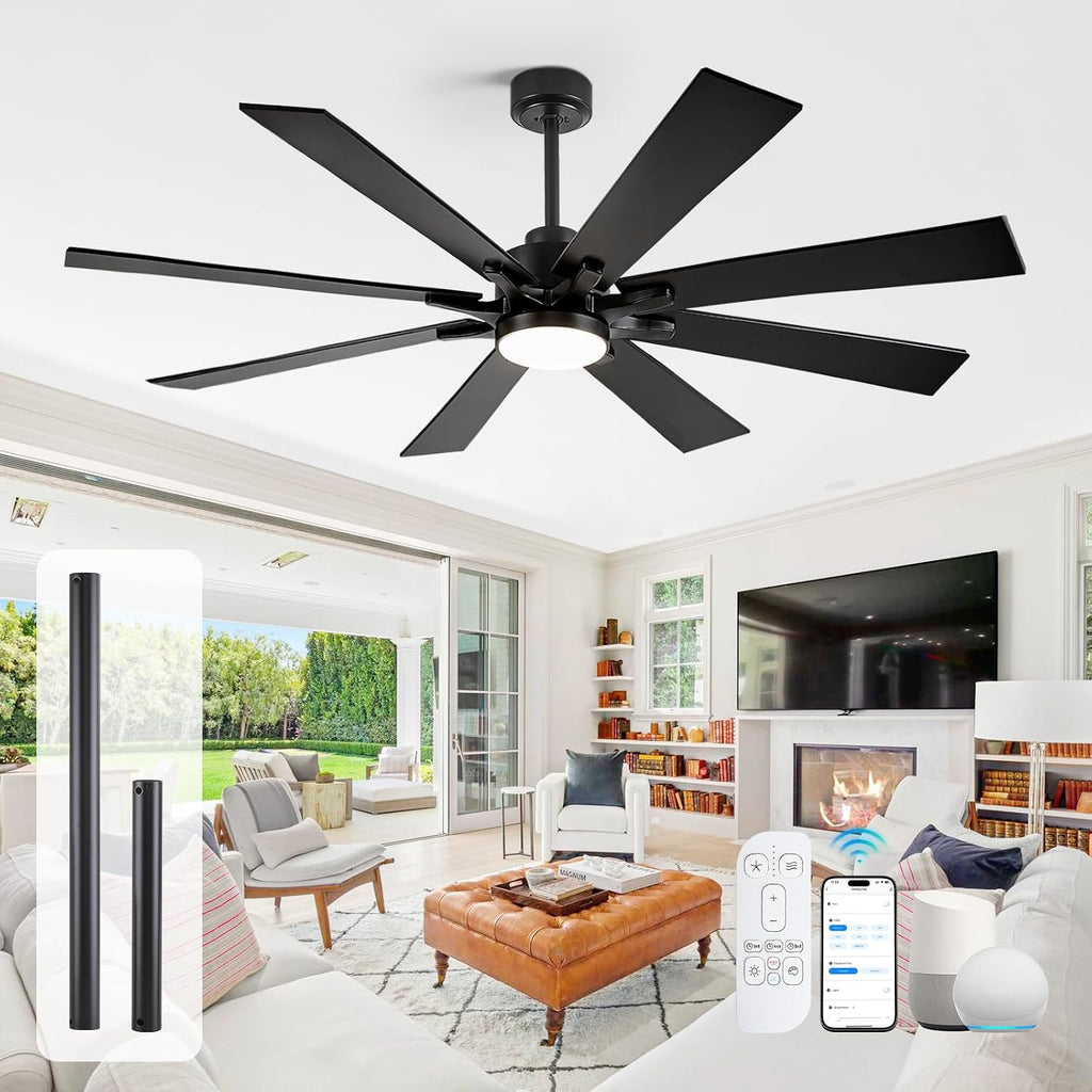 62 Inch Smart Ceiling Fan with Light, Modern Black Industrial Home Lighting & Ceiling fans with App/Voice/Remote Control, Damp-rated Large Airflow DC Outdoor Ceiling Fans for Patios Porch Outside