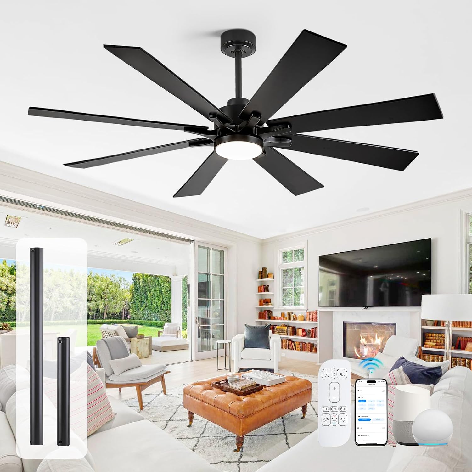 62 Inch Smart Ceiling Fan with Light, Modern Black Industrial Home Lighting & Ceiling fans with App/Voice/Remote Control, Damp-rated Large Airflow DC Outdoor Ceiling Fans for Patios Porch Outside