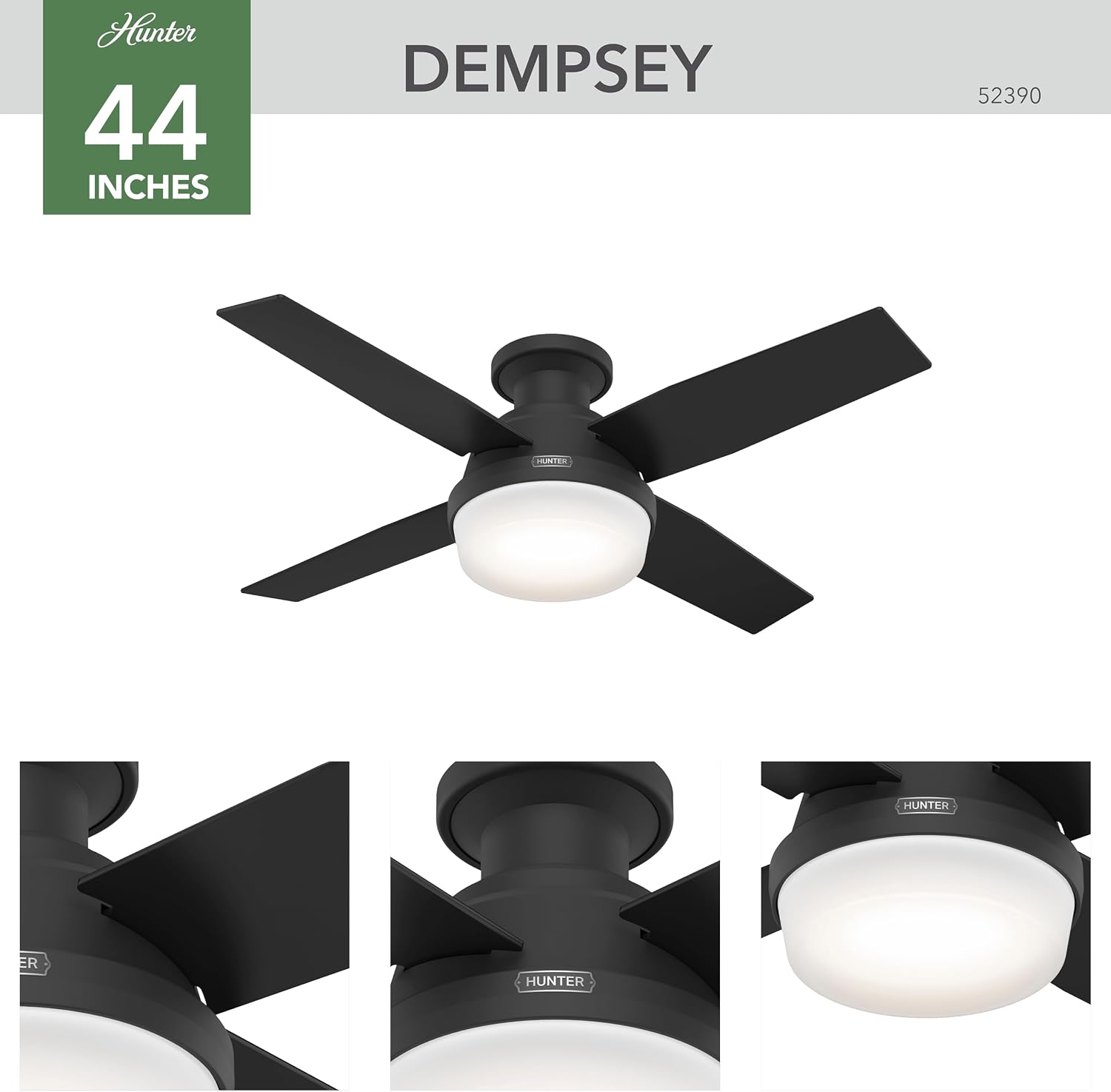 Hunter 44 inch Indoor Ceiling Fan with LED Light and Remote Control - Black Modern Ceiling Fan, Low Profile Mount, 4 Blades, For Bedroom, Living Room, or Kitchen, Quiet - Dempsey 52390, Matte Black