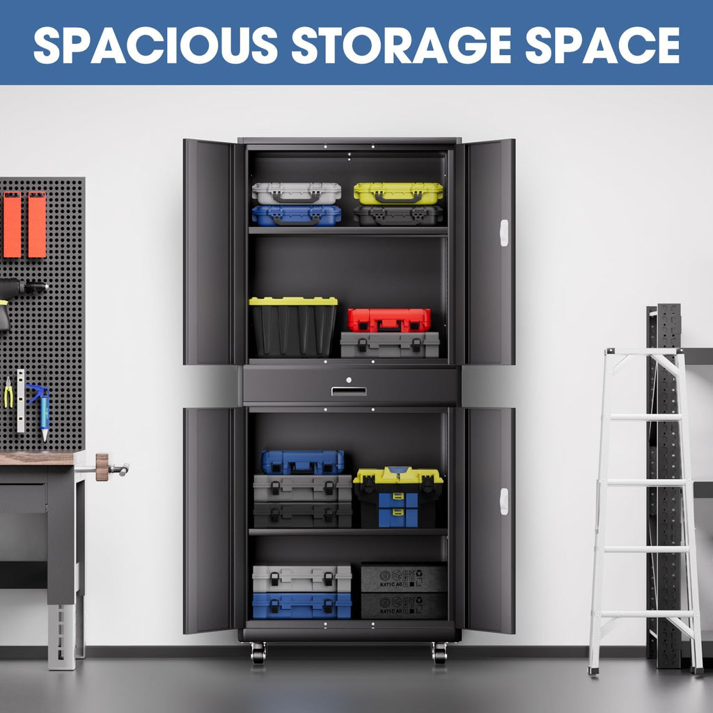 DNA Motoring 73'' Metal Storage Cabinet, Rolling Garage Cabinet with 1 Drawer and Adjustable Shelves, Lockable Heavy Duty Metal Locker for Garage,Office,Home,Gym, Black, TOOLS-00630-BK-BK-A