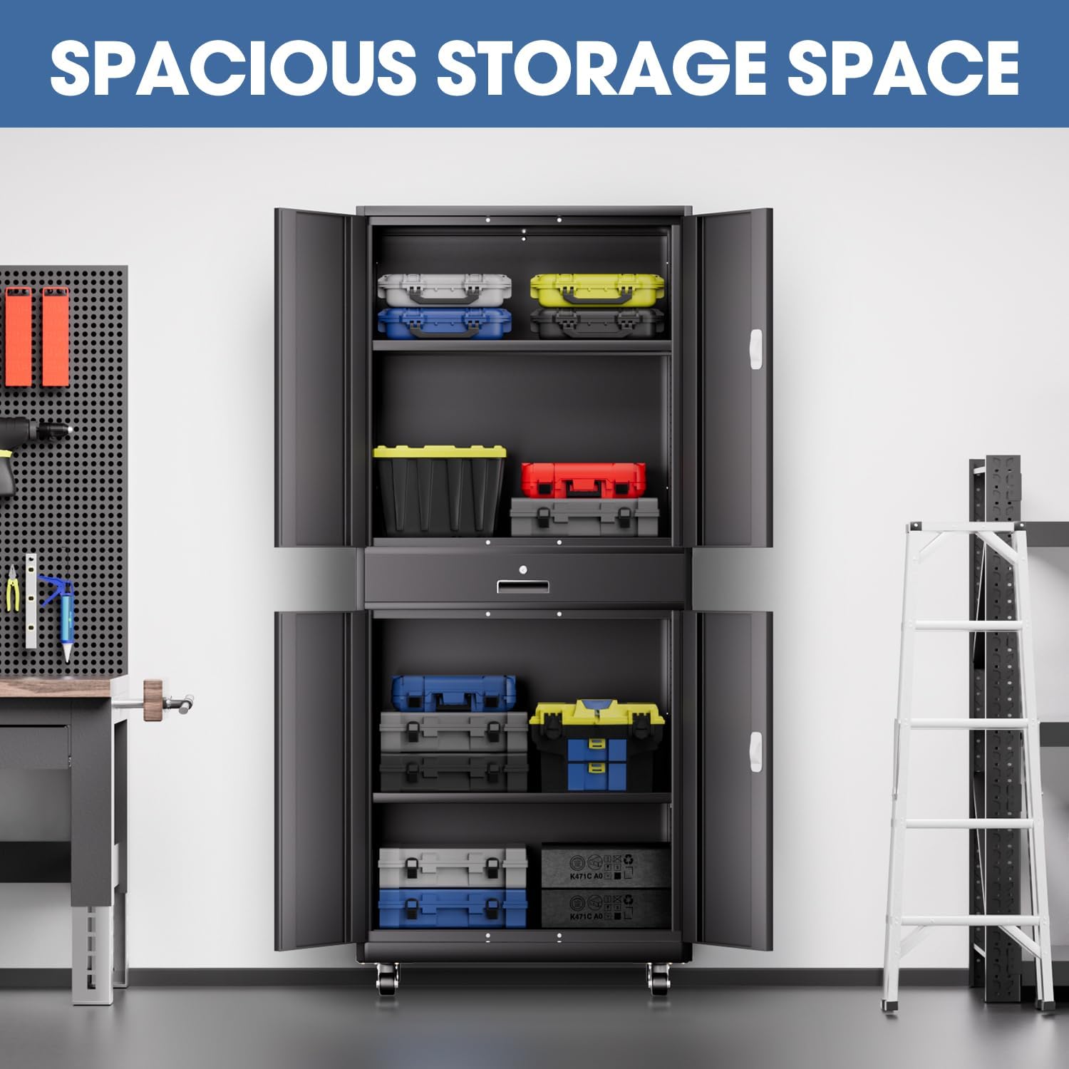 DNA Motoring 73'' Metal Storage Cabinet, Rolling Garage Cabinet with 1 Drawer and Adjustable Shelves, Lockable Heavy Duty Metal Locker for Garage,Office,Home,Gym, Black, TOOLS-00630-BK-BK-A