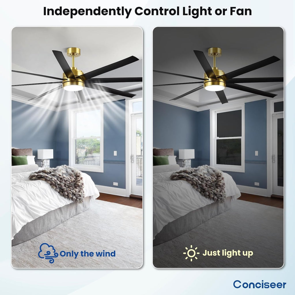 Conciseer 72 Inch Ceiling Fans with Lights and Remote for Living Room Kitchen Library Cafe Outdoor/Industrial Use, 3CCT Dimmable, Dual Color 8 Blades 6 Speed Reversible Quiet DC Motor, Gold/Black