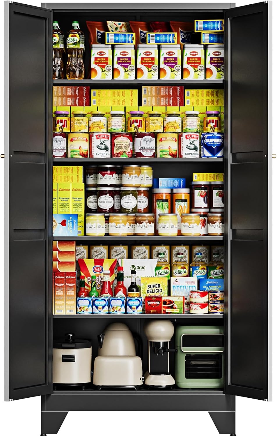 Letaya 75' H Metal Storage Cabinet with 2 Doors and 4 Shelves,Tall Kitchen Pantry Cabinets,Farmhouse Utility Pantry Organizers for Cupboard/Dining/Bathroom/Home Office/Garage Room,Black