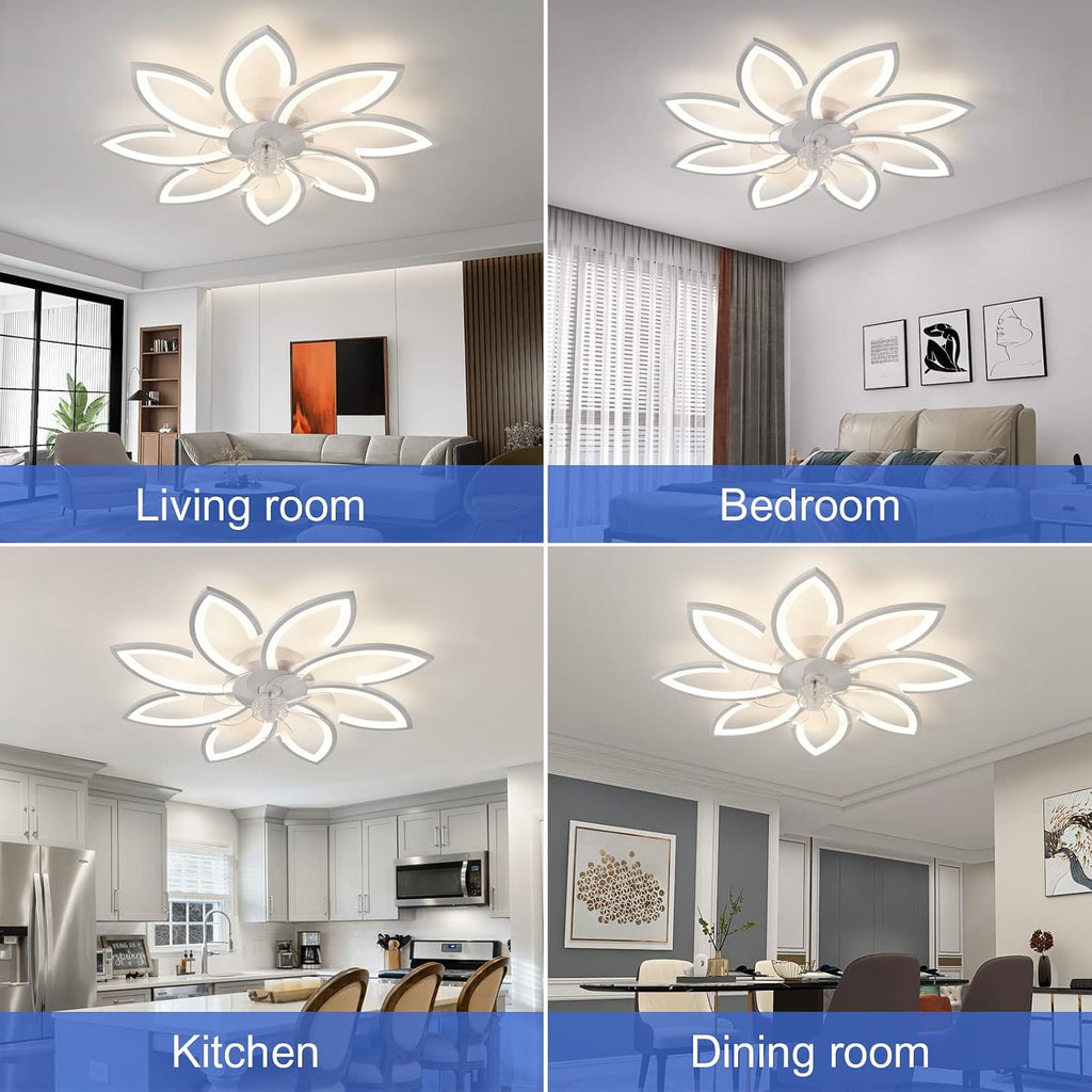 35' Geometric Ceiling Fan with Light Remote Control, 6 Speeds 3 Colors, White Low Profile Flush Mount Ceiling Fan for Kitchen Bedroom Living Room
