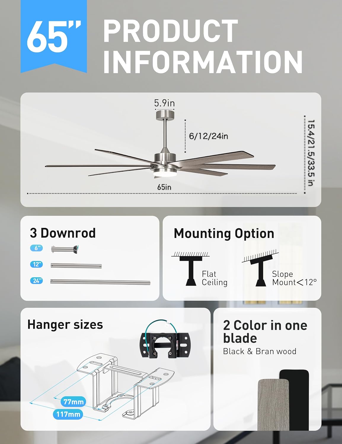 Minislak 65 Inch Large Smart Ceiling Fan with Light and Remote via WIFI Alexa APP Control,Dimmable,Quiet DC Motor Indoor Outdoor Ceiling Fans for Patios or Bedroom