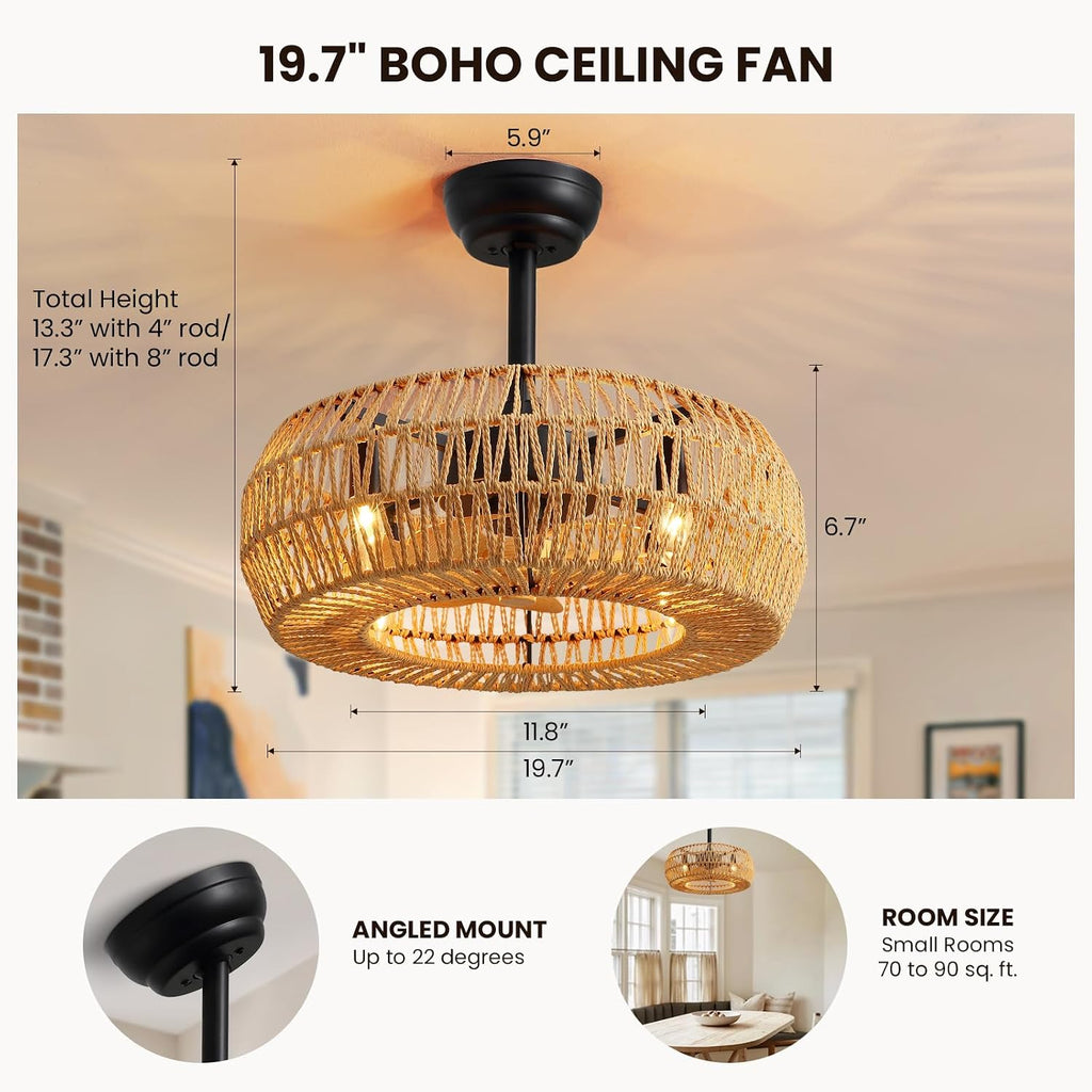 20' Boho Caged Ceiling Fan with Lights Remote Control, Rattan Cage Low Profile Bladeless Ceiling Fan, Farmhouse Ceiling Fans with Light for Kitchen, Bedroom, Dining Room