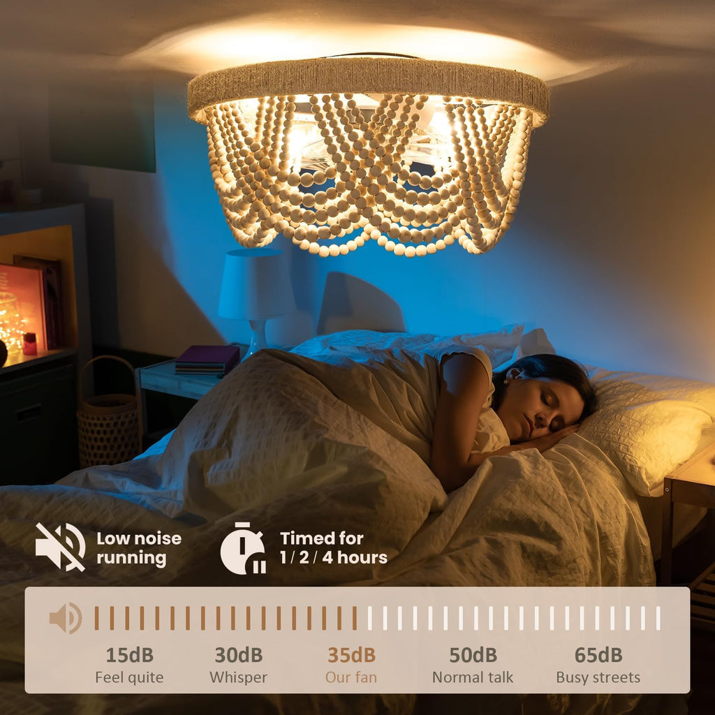 20' Boho Ceiling Fan with Light, Coastal Fandelier Ceiling Fans with Lights and Remote Control,Caged Wood Beaded Flush Mount with 6 Speeds for Living Room Bedroom Nursery
