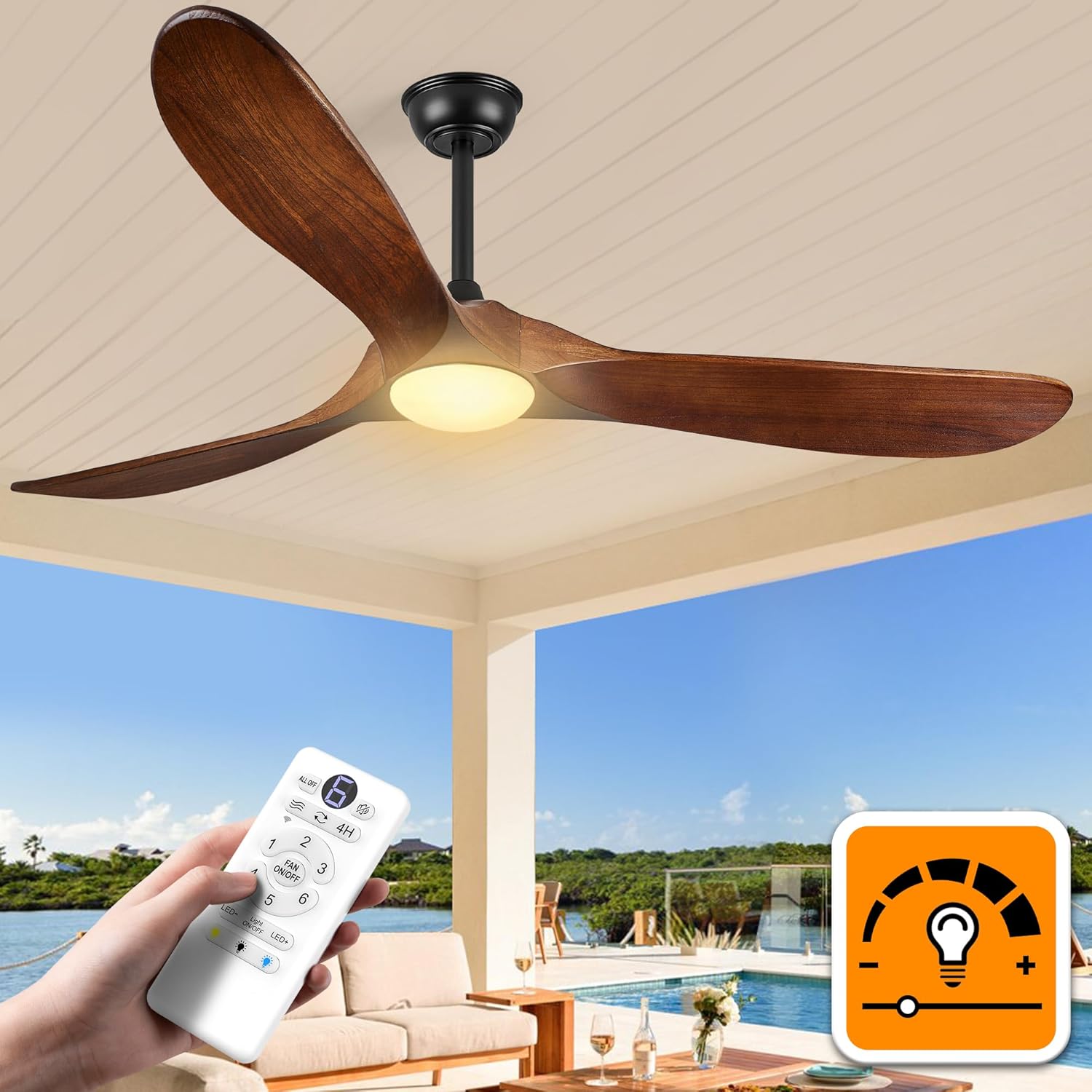 Haipeel 60 Inch Outdoor Ceiling Fans with Lights, Solid Wood Propeller 3 Blades Ceiling Fans with Lights and Remote Control Outdoor Fan for Patios Indoor, High CFM ETL Listed, Dark Walnut