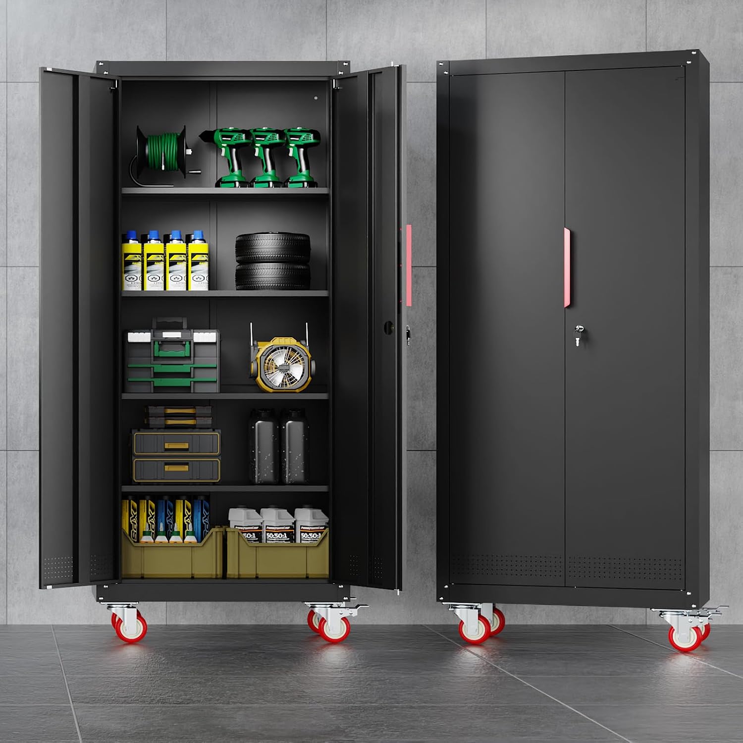 LMTC 71' H Garage Storage Cabinet with 4 Adjustable Shelves and Wheels, Lockable Metal Storage Cabinet for Garage, Home, Warehouse, Assembly Required,Black