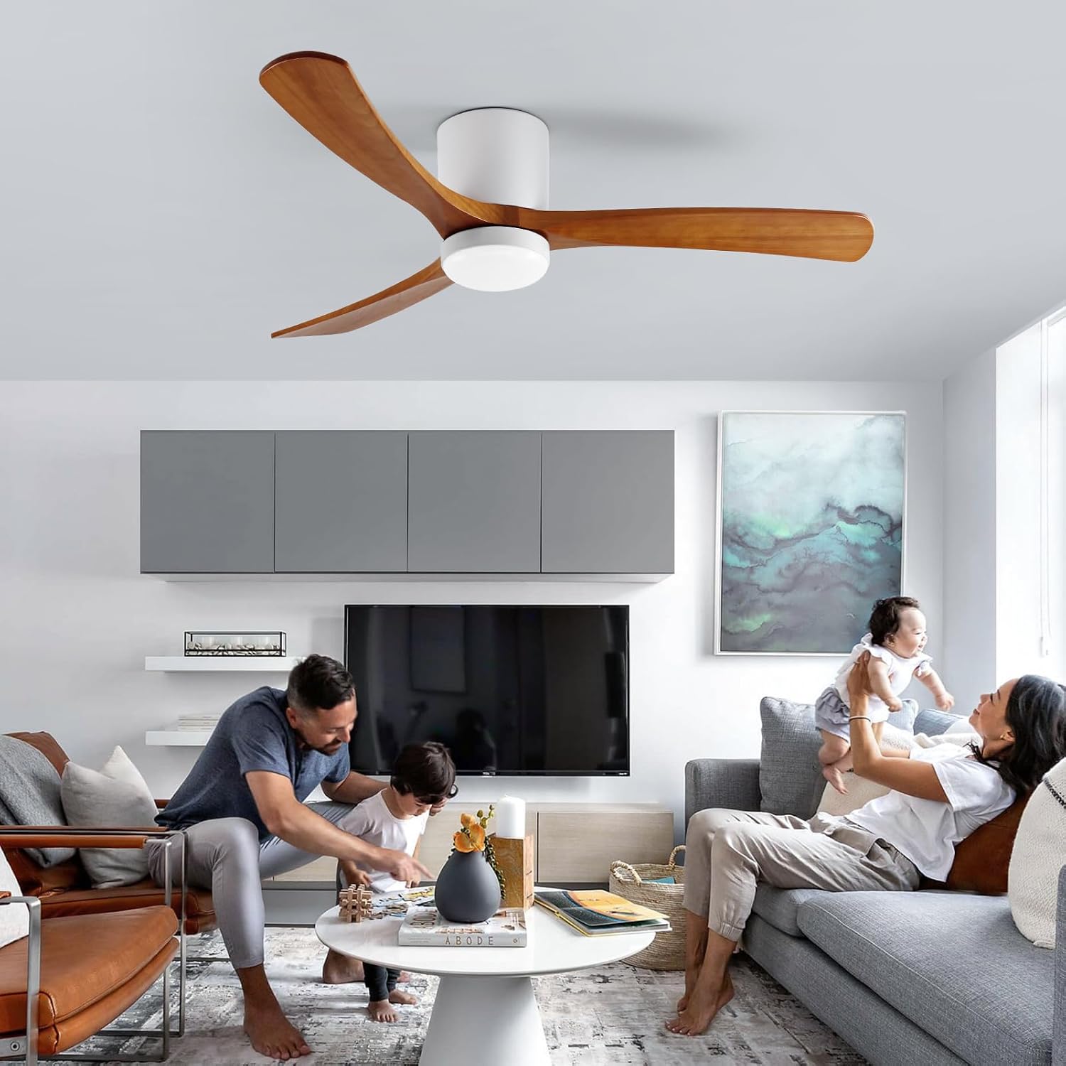GESUM Ceiling Fan With Light, 52' Flush Mount Ceiling Fan with 3 Wood Blades, Reversible,Dimmable, for Living Room Kitchen Bedroom(White+Wood)