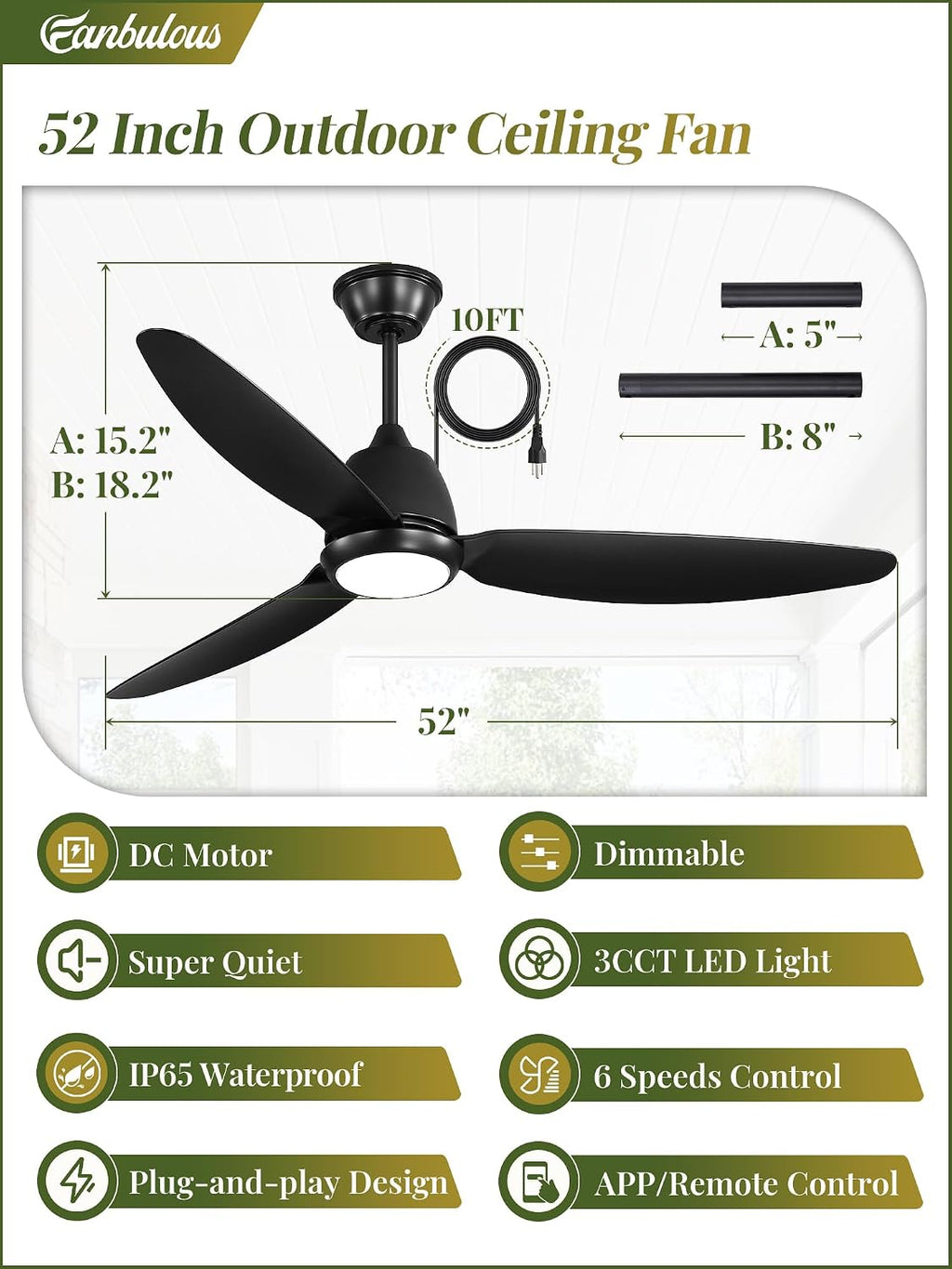 Fanbulous 52' Outdoor Ceiling Fan with Light, IP65 Waterproof Wet Rated, Plug in Gazebo Fan with 10FT Cord, Smart APP & Remote, 6-Speed Reversible DC Motor, 3CCT Dimmable LED for Patio Porch (Black)