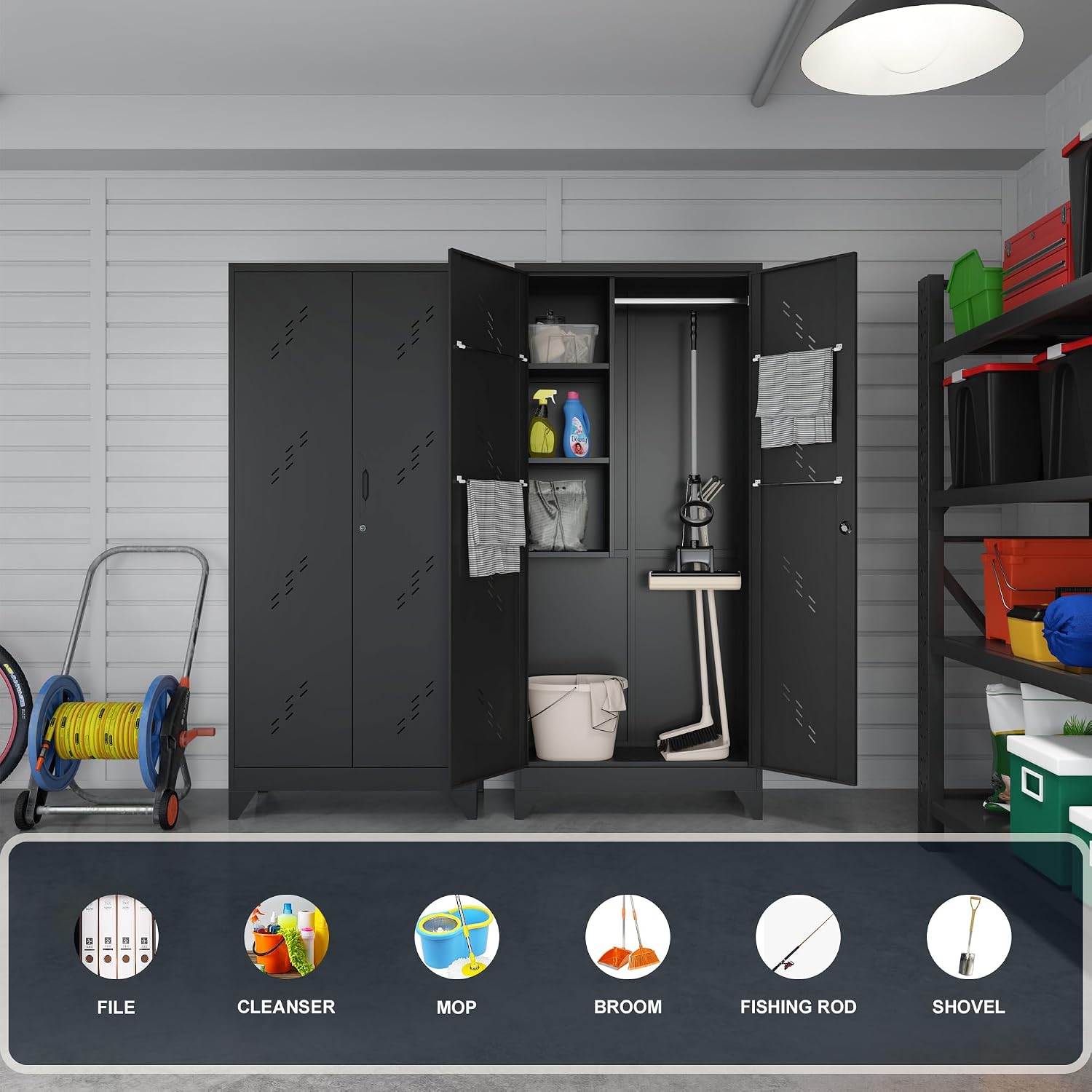 75' Taller Metal Garage Storage Cabinet,Tool Chest, Large Office Storage Cabinet with Lock Doors, Stainless Steel Bottom Plate with Holes,Utility Room Organization(H75* D16.53*L33.85)(Black)