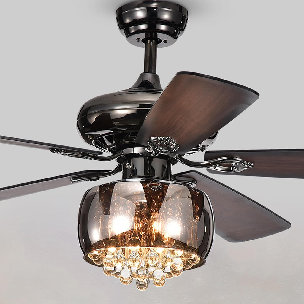 Warehouse of Tiffany CFL-8307 Nettle 3-Light Shaded Glass and Crystal 5-Blade Pear Black Ceiling Fan, 52'