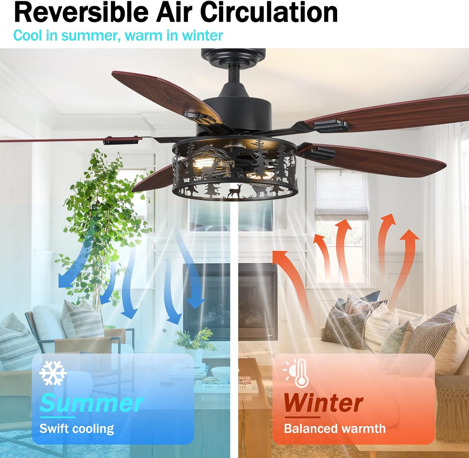52' Rustic Ceiling Fan with Light - Bear Deer Design, 6 Speeds Reversible DC Motor Farmhouse Industrial Black Ceiling Fans Remote Control for Bedroom, Living Room, Kitchen
