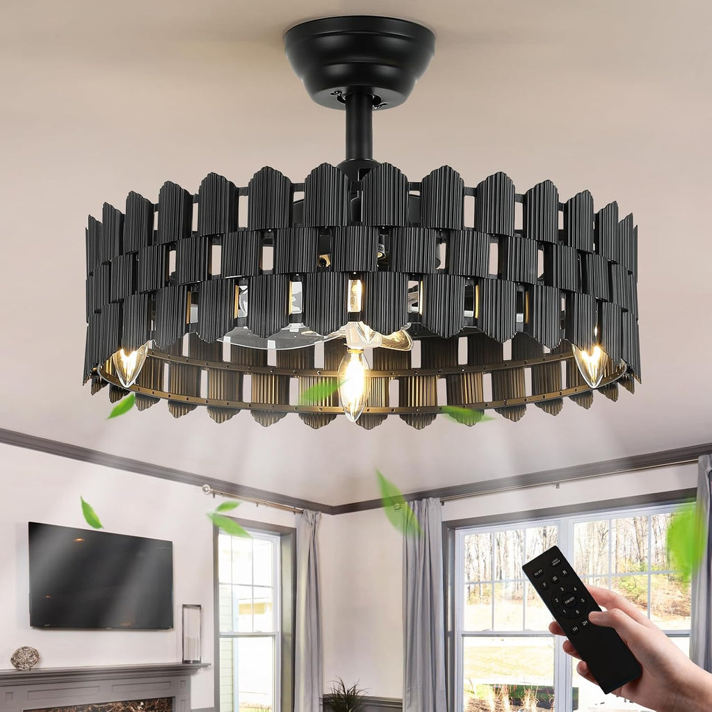 20 Inch Black Caged Ceiling Fan, Black Fandelier Ceiling Fan with Light with 6-Speed Motor, Ceiling Fans with Lights and Remote for Bedroom, Living Room, Dining Room
