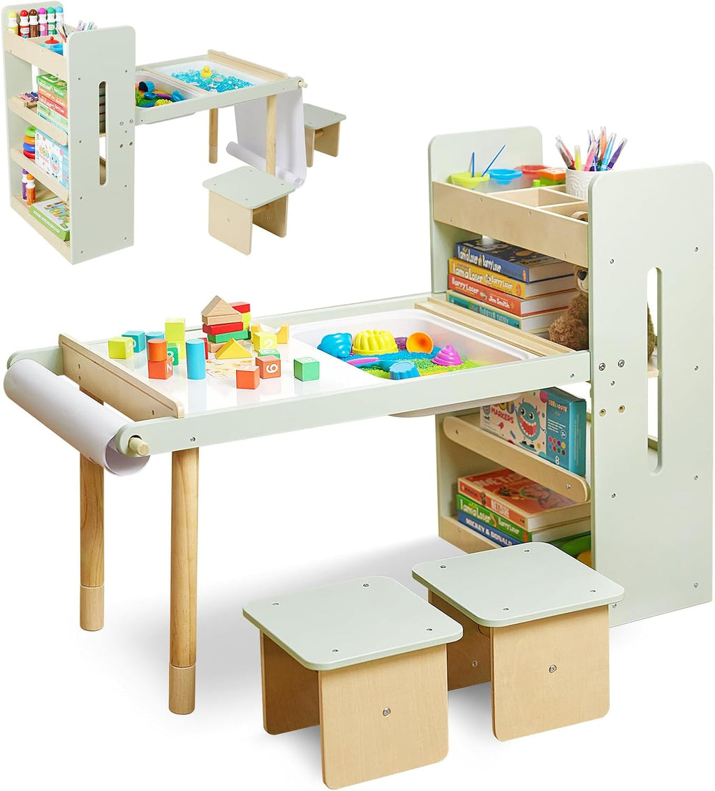 Kids Sensory Table and Chairs Set, Toddlers Activity Table with Large Storage Bins & Shelves, 6 in 1 Kids Art Desk with Blackboard Whiteboard for Playrooms Daycare,Sand & Water Table for Toddler Gifts