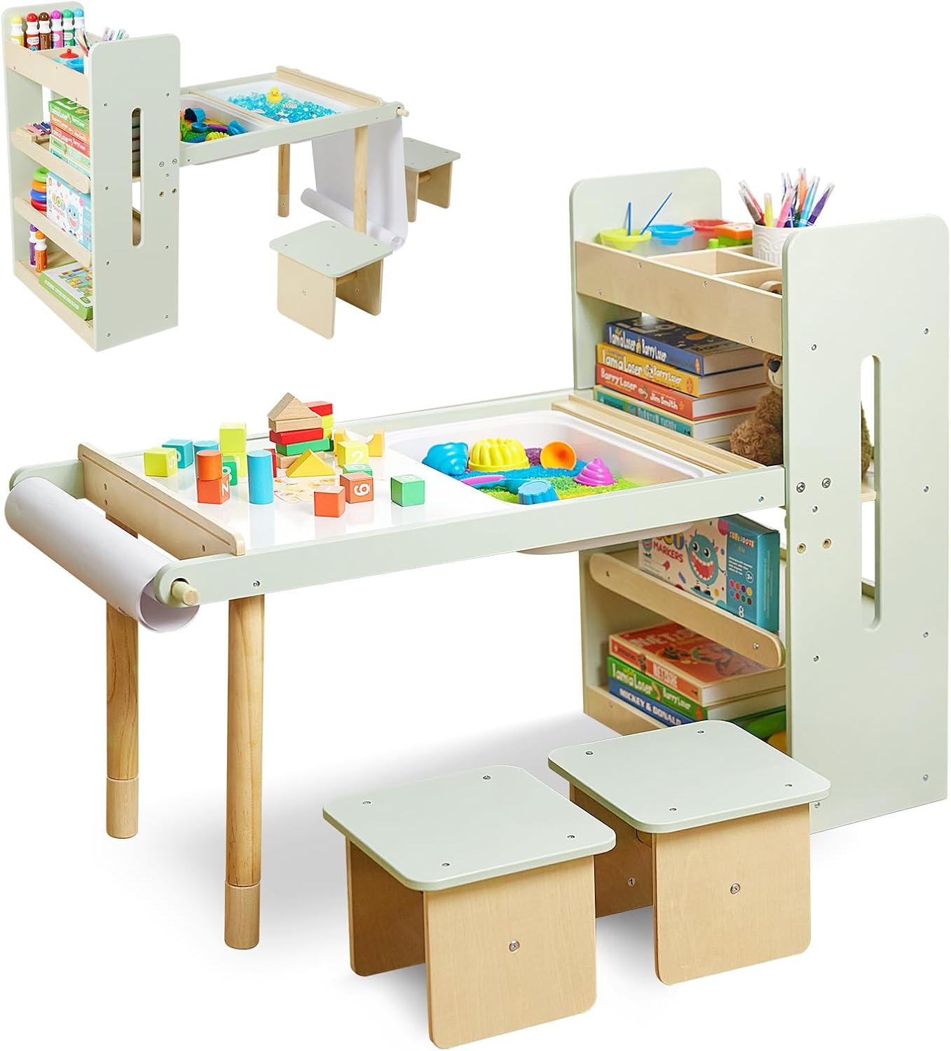 Kids Sensory Table and Chairs Set, Toddlers Activity Table with Large Storage Bins & Shelves, 6 in 1 Kids Art Desk with Blackboard Whiteboard for Playrooms Daycare,Sand & Water Table for Toddler Gifts