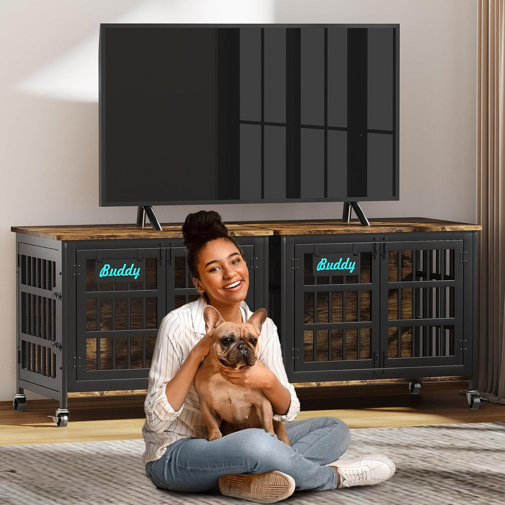 EasyCom 33'/27' Dog Crate Furniture with Name Tag, Heavy Duty Dog Kennel Indoor for Medium and Small Dogs, Double-Doors Sturdy Metal Dog Cage, Decorate House as TV Stand, End Table, Bedside Table