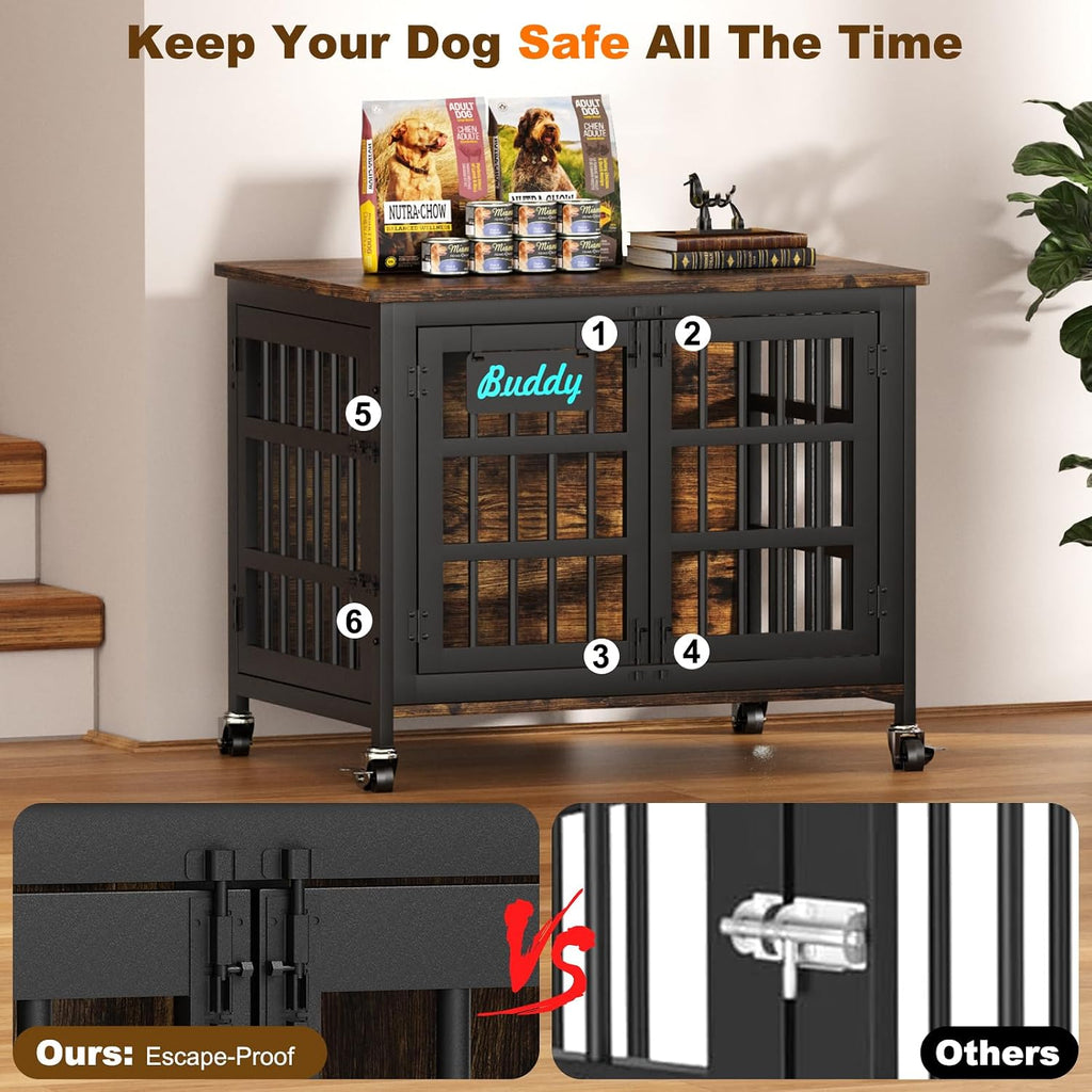 EasyCom 33'/27' Dog Crate Furniture with Name Tag, Heavy Duty Dog Kennel Indoor for Medium and Small Dogs, Double-Doors Sturdy Metal Dog Cage, Decorate House as TV Stand, End Table, Bedside Table