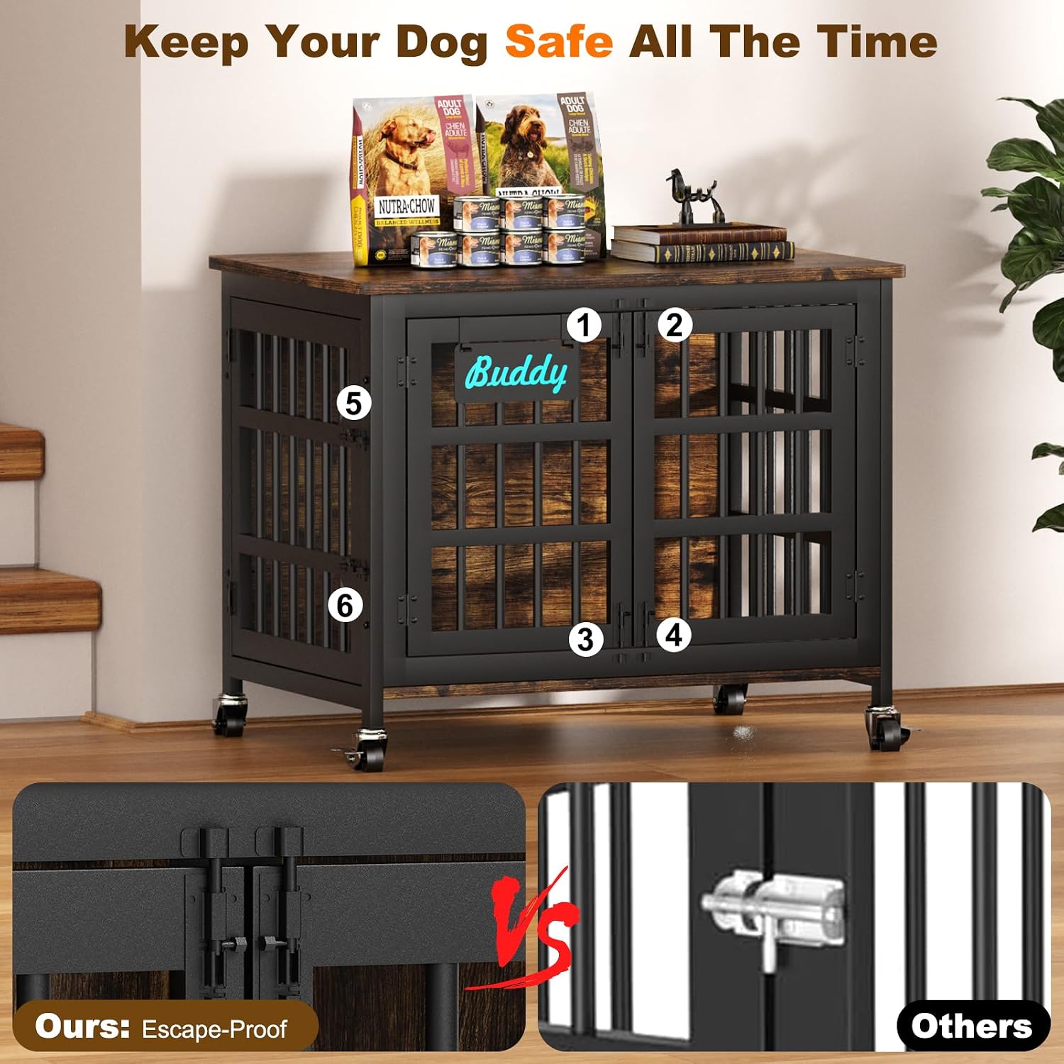 EasyCom 33'/27' Dog Crate Furniture with Name Tag, Heavy Duty Dog Kennel Indoor for Medium and Small Dogs, Double-Doors Sturdy Metal Dog Cage, Decorate House as TV Stand, End Table, Bedside Table