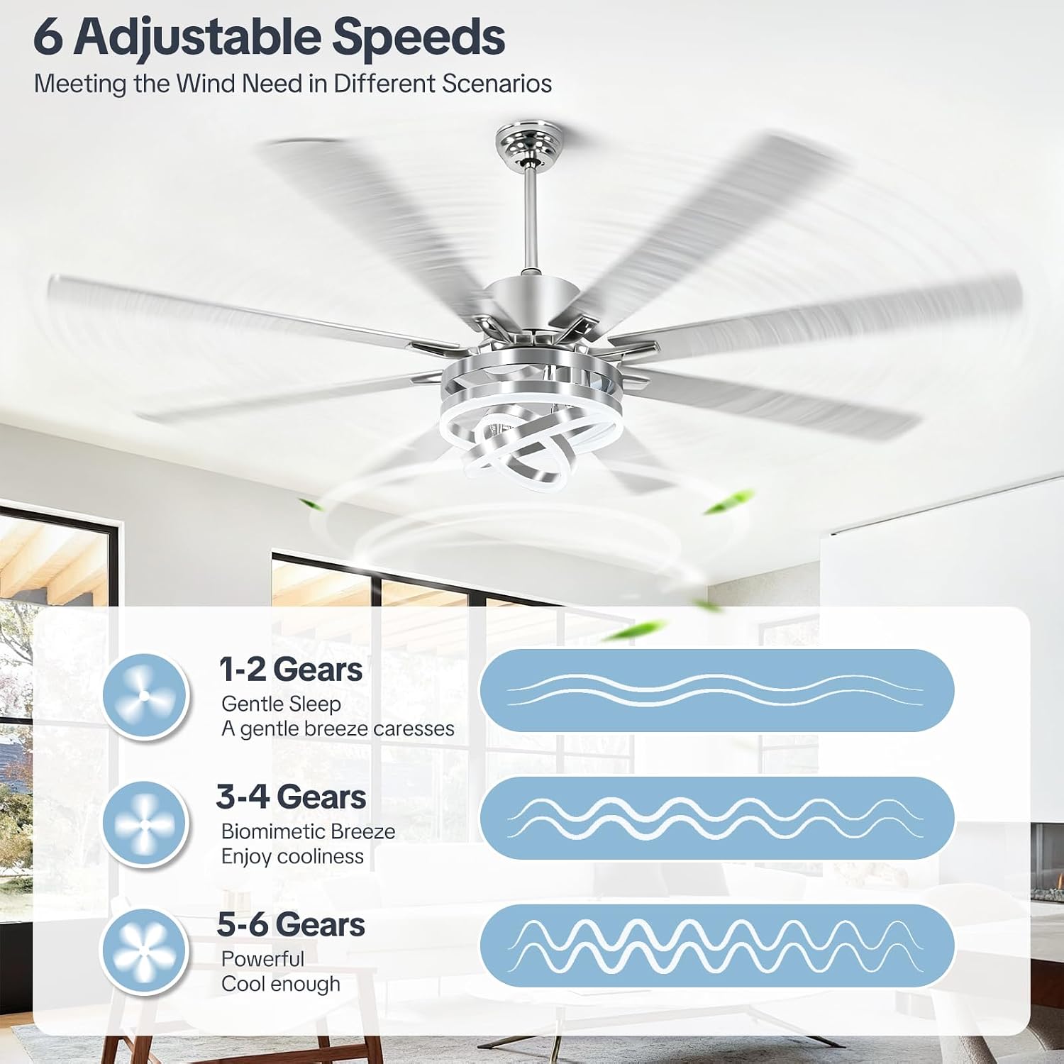 72' Ceilling Fans with Lights, Chandelier Fan Modern DC Motor Dimmable Led Fandelier Ceiling Fan with Light for Bedroom, Living Room, Indoor/Outdoor, Silver