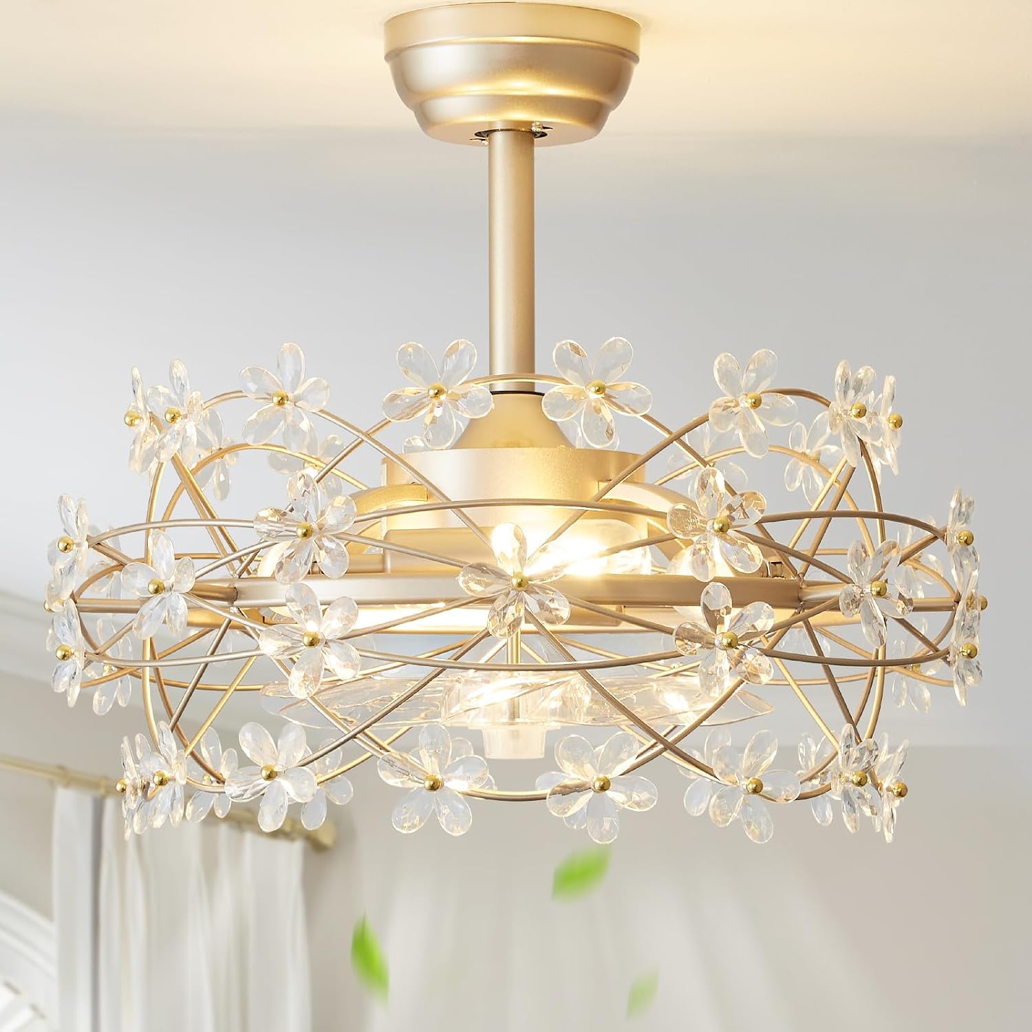 20' Gold Crystal Fandelier Ceiling Fans with lights, Gold Caged Flower ceiling fan with Remote Control, Chandelier with 6 Speeds for Bedroom, Nursery, Living Room