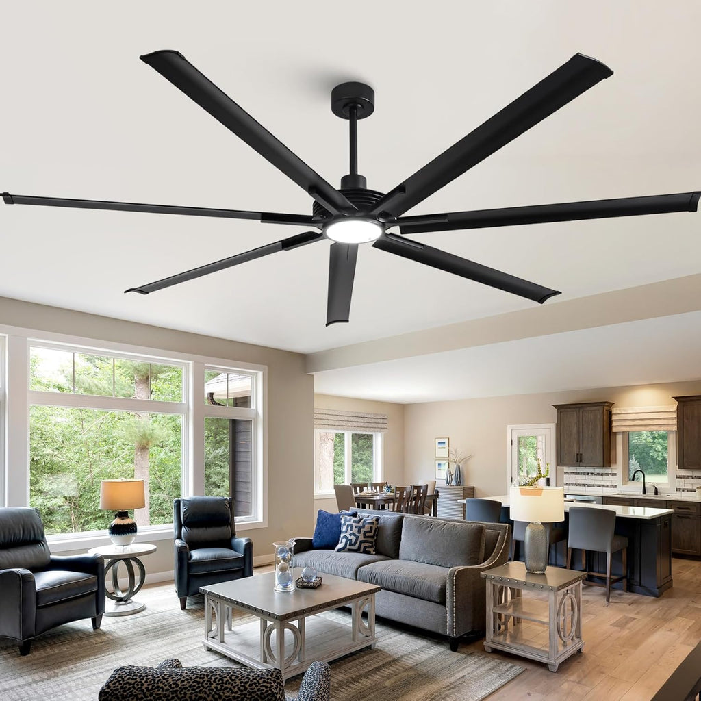 100' Large Commercial Ceiling Fan Lights & Remote - Damp-Rated Outdoor Ceiling Fans for Patios, Modern Industrial Design, 6-Speed, Dimmable LED, Use for House, Shop, Garage,High-Traffic Areas