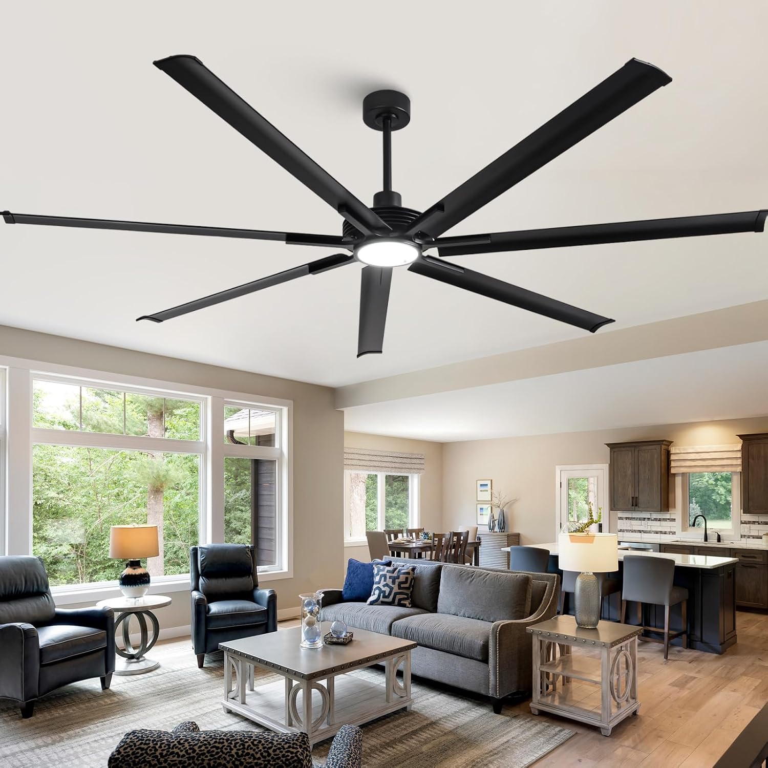 100' Large Commercial Ceiling Fan Lights & Remote - Damp-Rated Outdoor Ceiling Fans for Patios, Modern Industrial Design, 6-Speed, Dimmable LED, Use for House, Shop, Garage,High-Traffic Areas