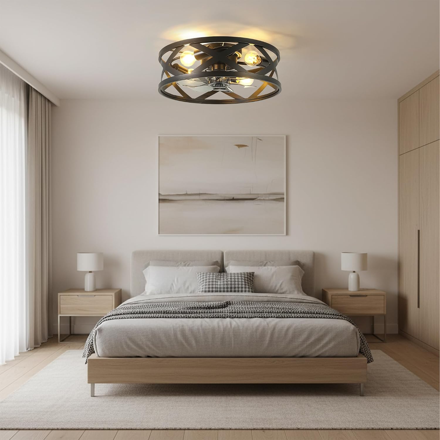 20'' Black Caged Ceiling Fan with Lights and Remote, Flush Mount Fandalier Ceiling Fan Low Profile Industrial Chandelier for Bedroom Kitchen, Bladeless with 4 Lights, Reversible 6 Speeds