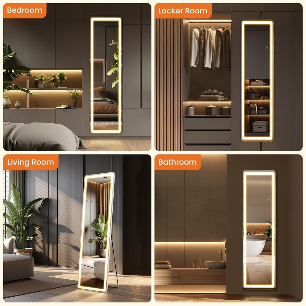 Elevon Full Length Mirror with LED Lights, 60'x16' Floor Mirror with Dimming & 3 Color Lighting, Led Mirrors Full Length with Stand for Bedroom, Dressing Room, Rectangle