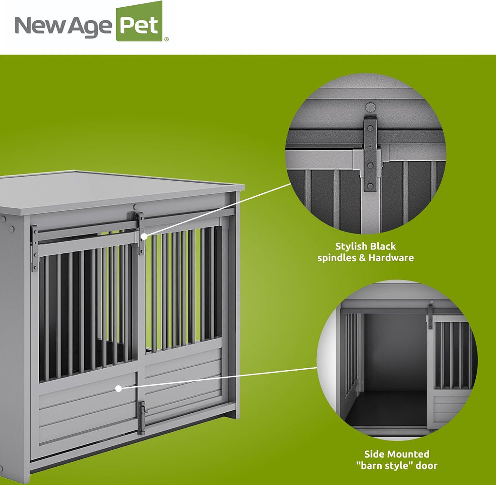 New Age Pet ECOFLEX Barn Door Dog Crate & End Table, Indoor Furniture Style Kennel for Medium & Large Dogs, Durable, Non Toxic Composite, Espresso Black, Large