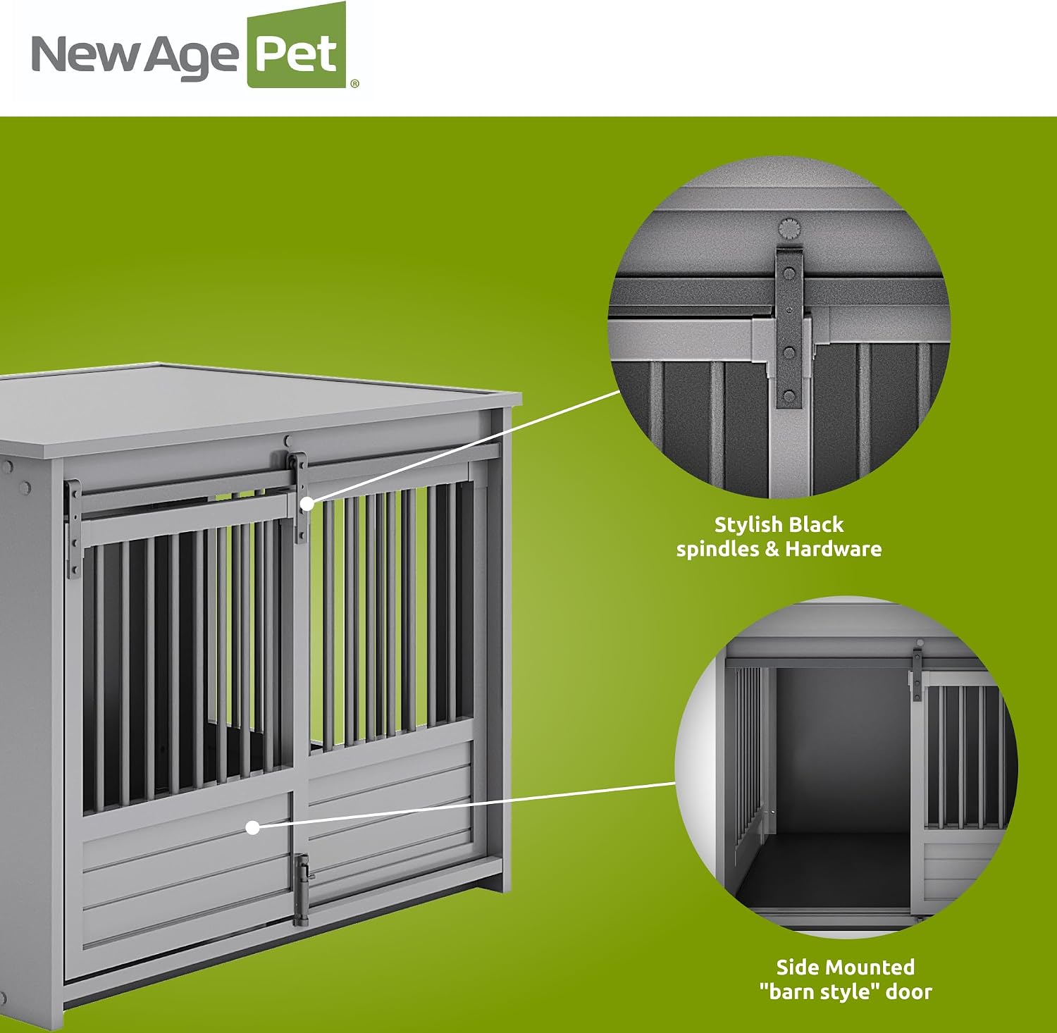 New Age Pet ECOFLEX Barn Door Dog Crate & End Table, Indoor Furniture Style Kennel for Medium & Large Dogs, Durable, Non Toxic Composite, Espresso Black, Large