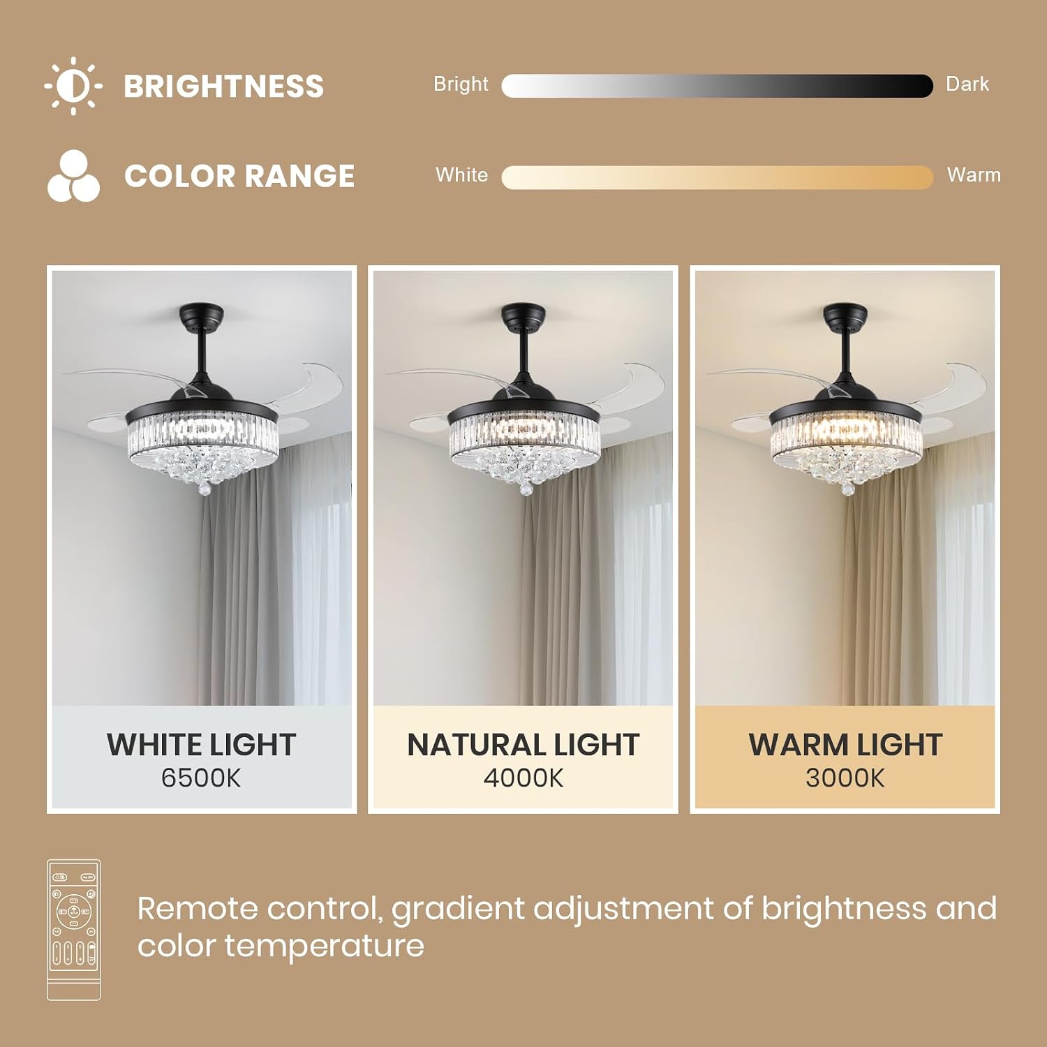 Fandelier Ceiling Fan with Light, 42'' Retractable Ceiling Fans,Crystal Chandelier Fan with LED Dimmable for Bedroom Living Room etc-Black