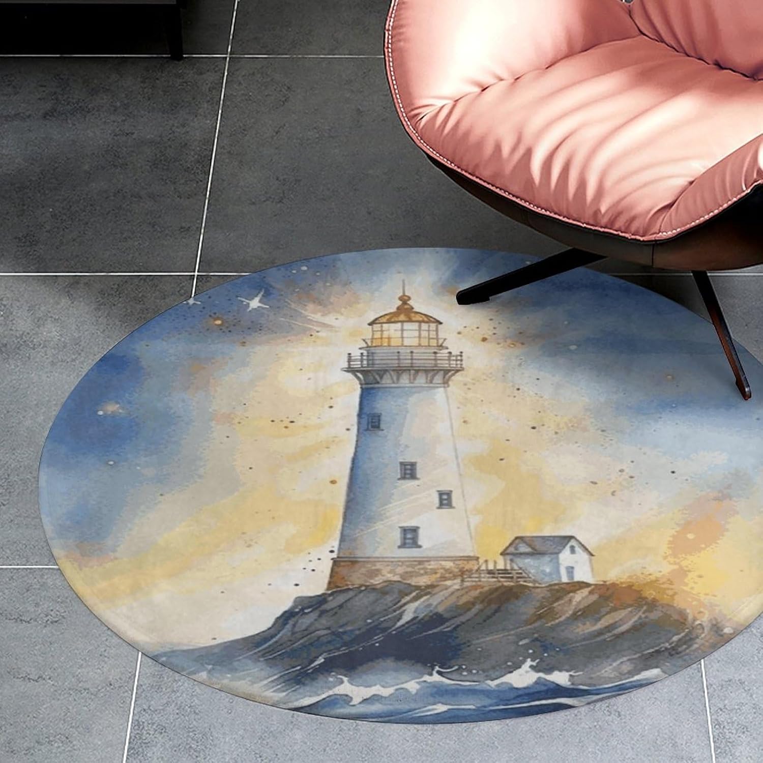 Watercolor Lighthouse Fantasy Light Coral Velvet Round Floor Mat Non-Slip Bath Rug Floor Covering for Bathroom Vanity Guest Suite & Vacation Home