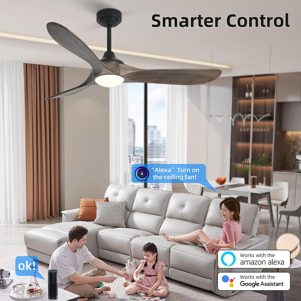 52' Outdoor Ceiling Fan with Light, Compatible with Alexa/Google, 3 Walnut Solid Wood Blade, Noiseless Reversible Dc Motor, Smart Outdoor Wood Ceiling Fan for Farmhouse Patios, Dark Brown