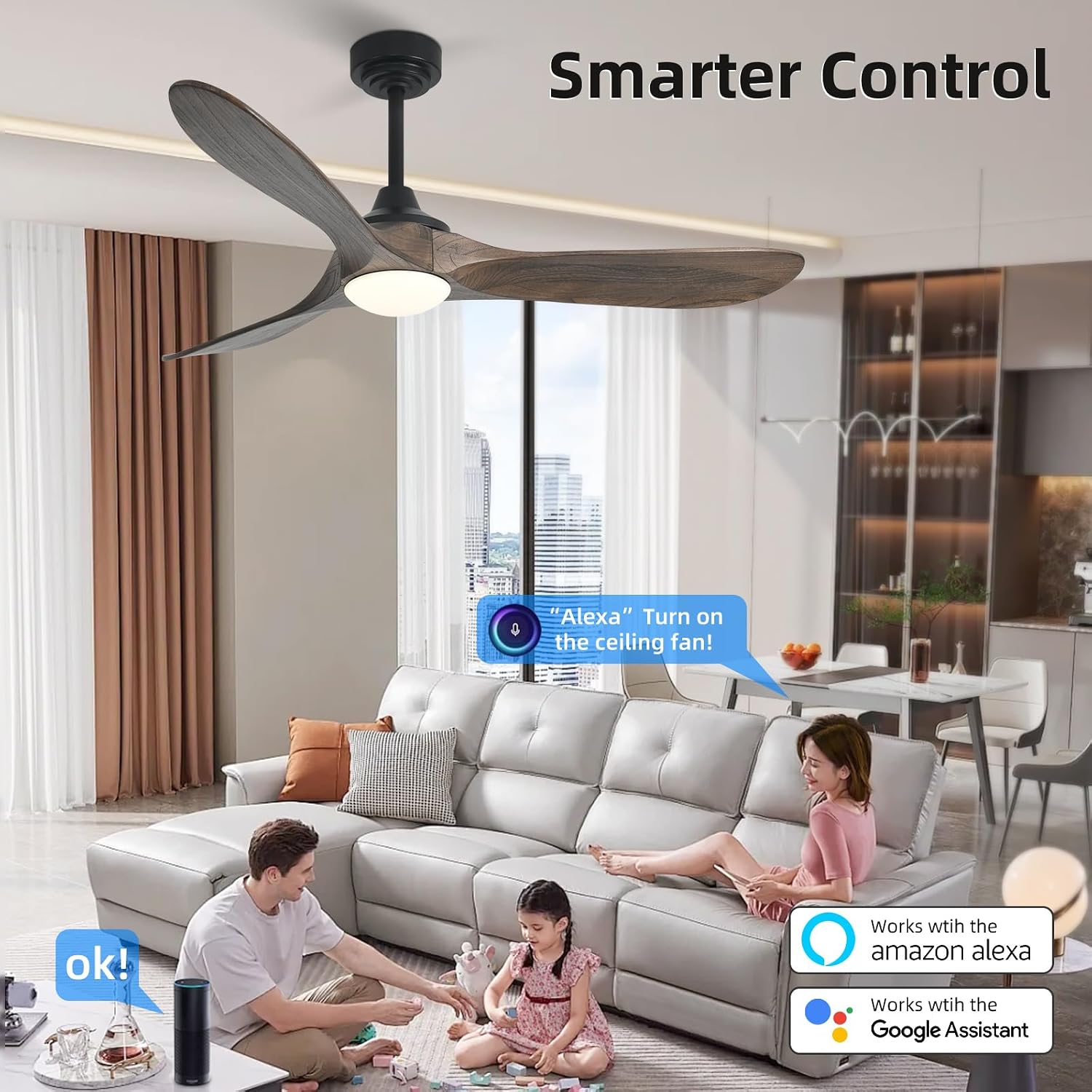 52' Outdoor Ceiling Fan with Light, Compatible with Alexa/Google, 3 Walnut Solid Wood Blade, Noiseless Reversible Dc Motor, Smart Outdoor Wood Ceiling Fan for Farmhouse Patios, Dark Brown