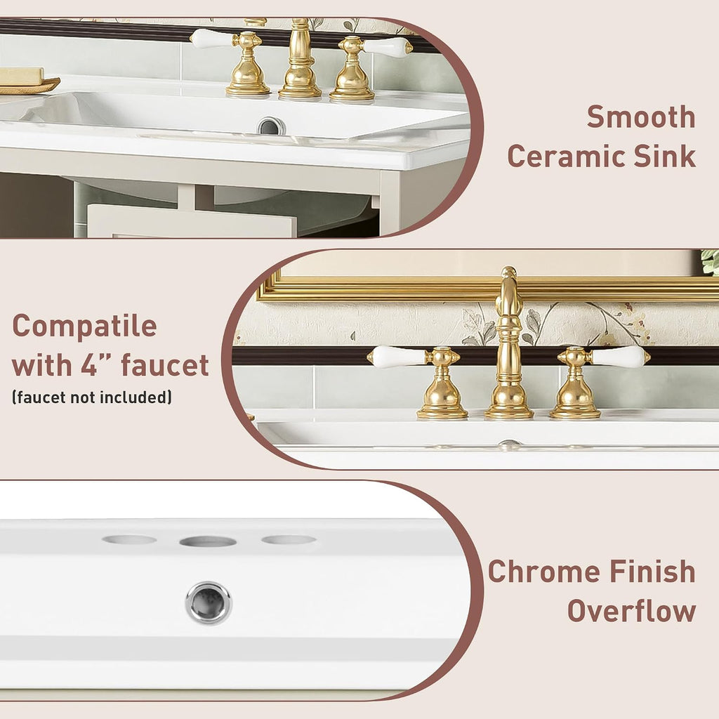 24 Inch Modern Wall Mounted Floating Bathroom Vanity Set with Ceramic Sink, 2 Drawers and 1 Soft-Close Door Bathroom Sink Cabinet for Guest Baths Master Suites (Beige)