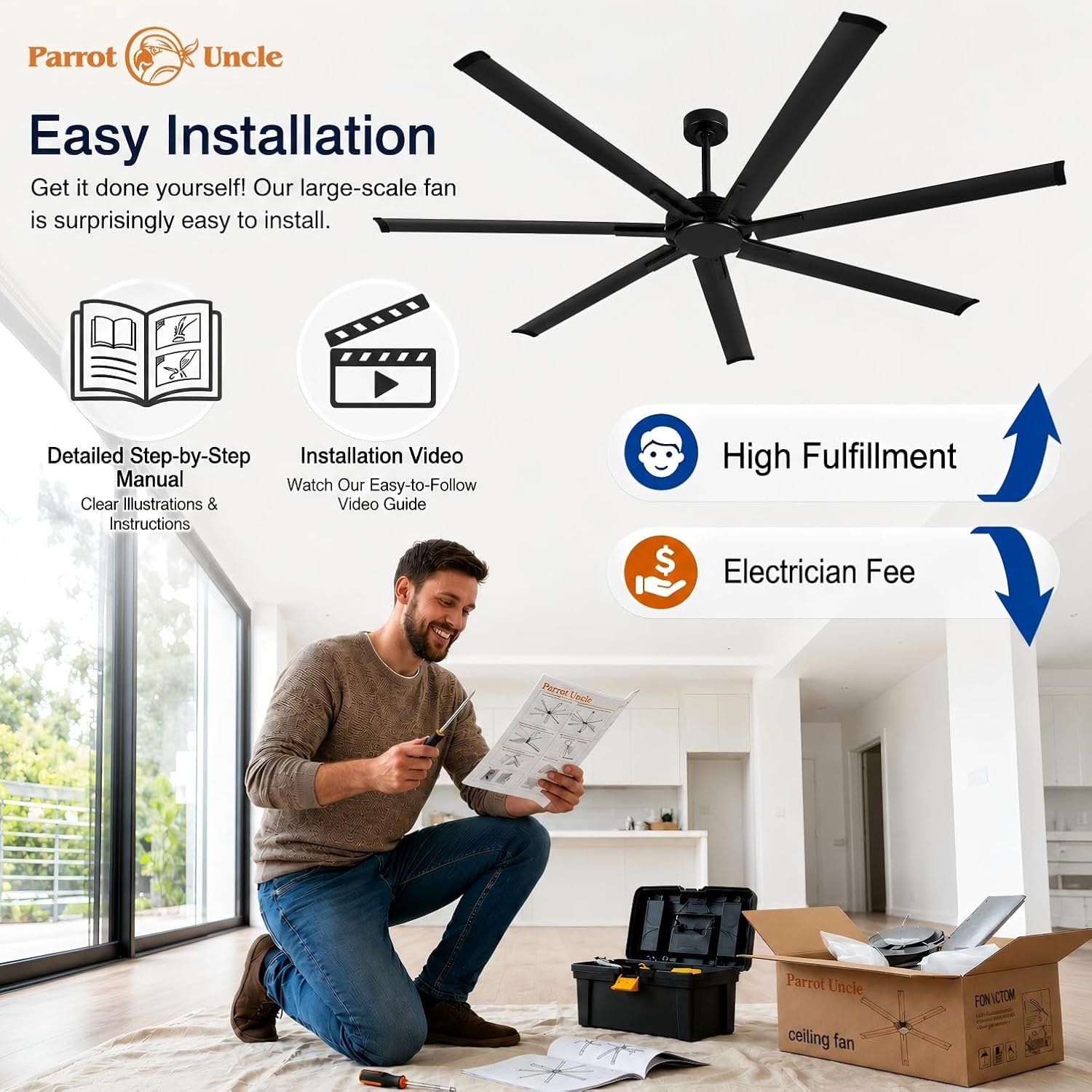 100 Inch Industrial Ceiling Fan, Large Black Outdoor Ceiling Fans for Paitos with Remote Control, High CFM Quiet DC Motor Commencial Shop Fan for Garage Gym, Reversible 7 Aluminum Blades, Timer