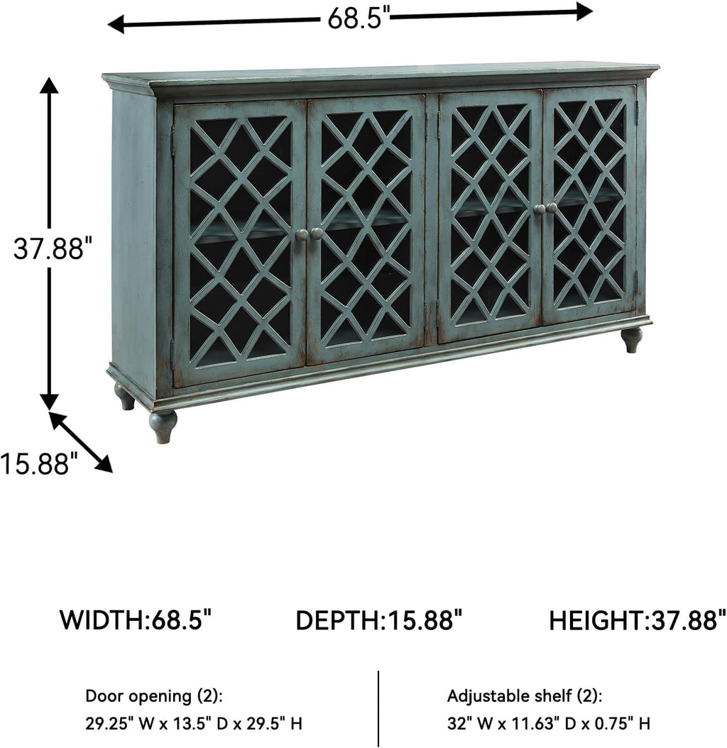 Signature Design by Ashley Mirimyn Vintage 69' 4-Door Accent Cabinet with Mirrored Glass and 2 Adjustable Shelves, Antique Blue