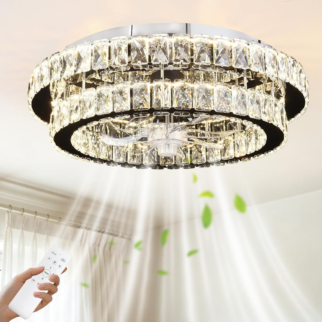 Depuley Modern Ceiling Fan with Lights: 20' Sliver Chandelier Cagd Fan with Remote Control - Modern Crystal Fandelier for Girl's Bedroom Living Room Nursery