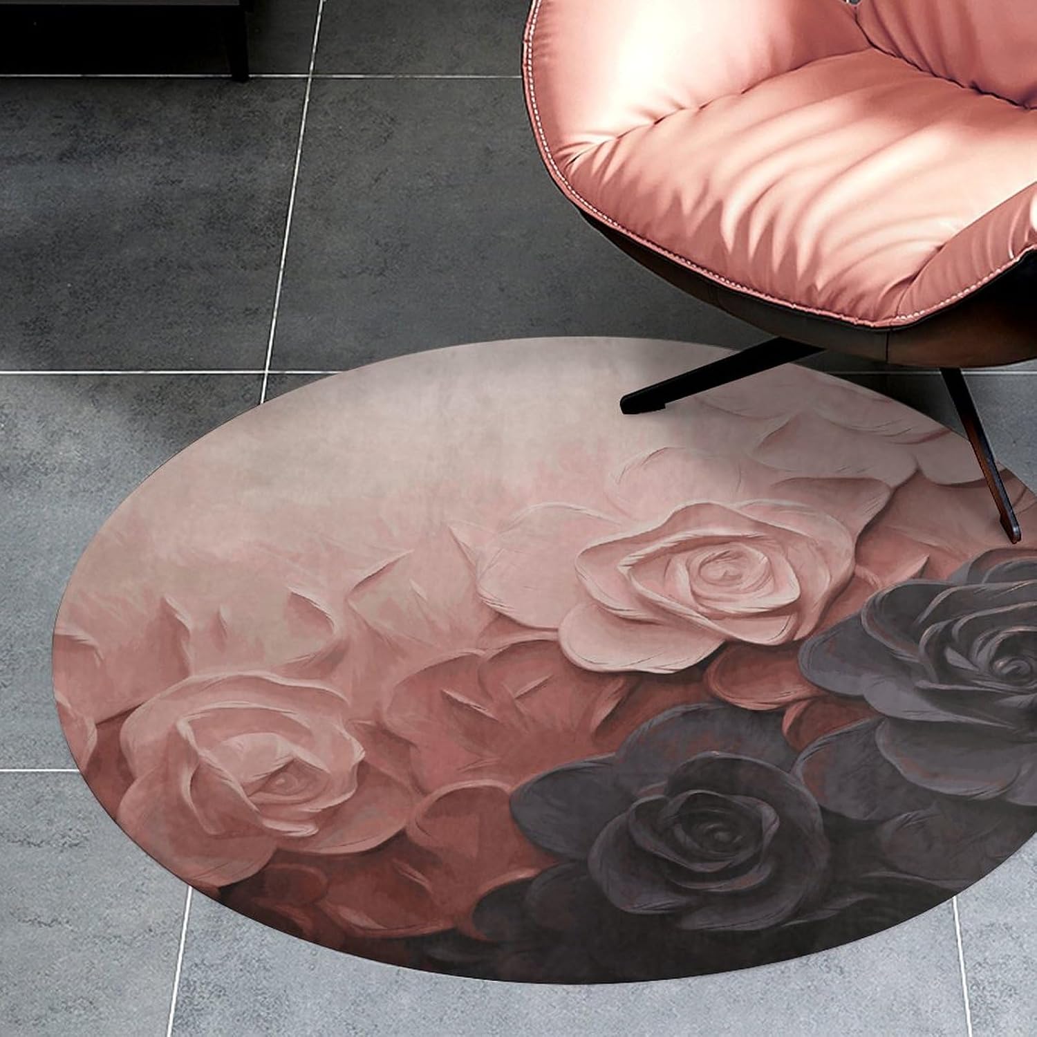 Rose Color Blush and Black Coral Velvet Round Floor Mat Non-Slip Bath Rug Floor Covering for Bathroom Vanity Guest Suite & Vacation Home