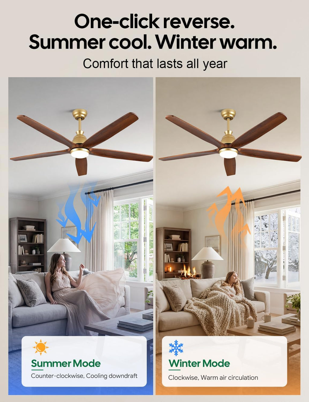 52 Inch Ceiling Fan with Lights, Gold Brass Finish, Solid Wood Ceiling Fan, Outdoor Damp Rated for Patio, High CFM Quiet Reversible DC Motor, Rustic Farmhouse Blades, for Indoor Living Room Bedroom