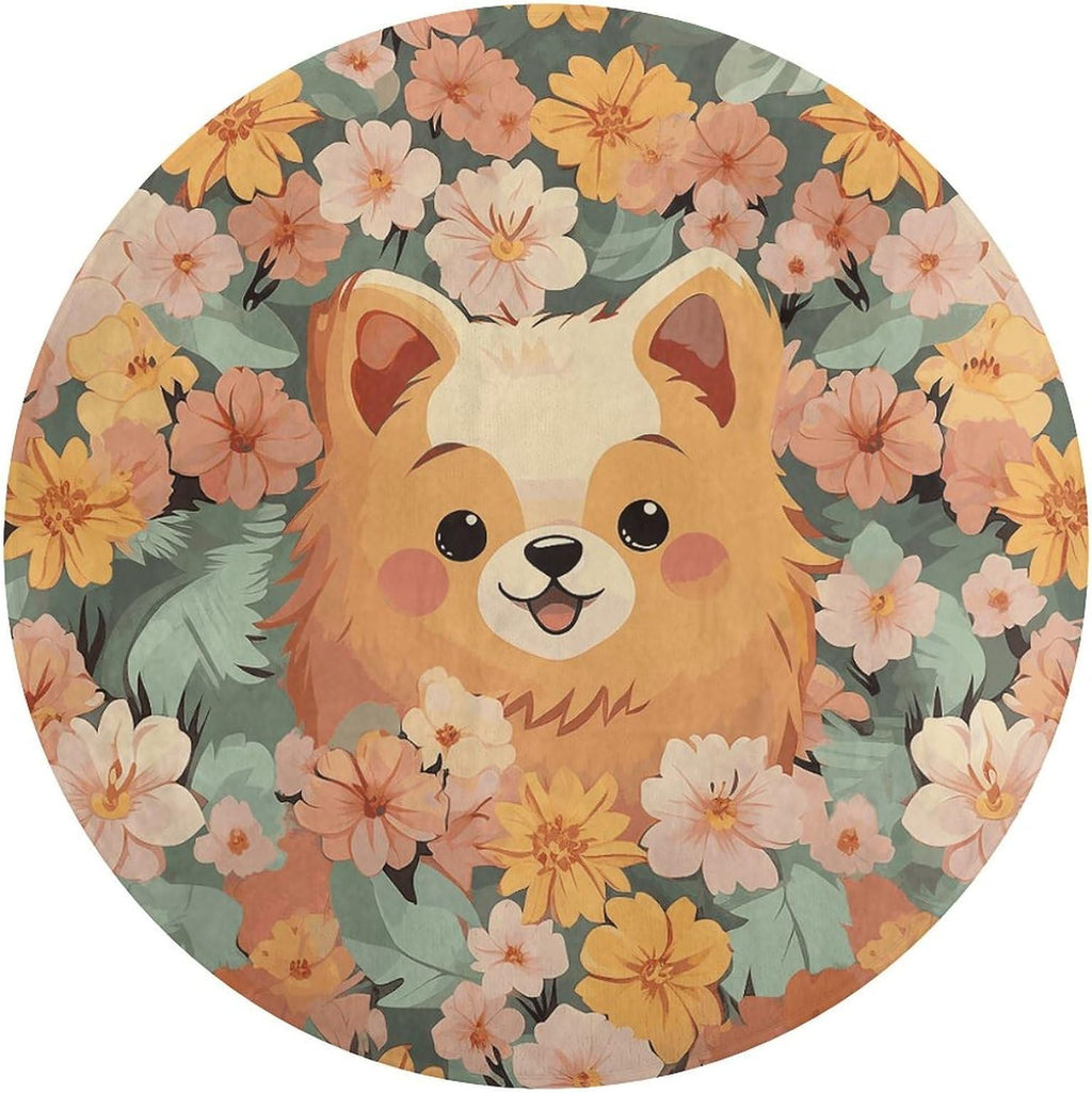 Pomeranians Cartoon Flowers Coral Velvet Round Floor Mat Non-Slip Bath Rug Floor Covering for Bathroom Vanity Guest Suite & Vacation Home