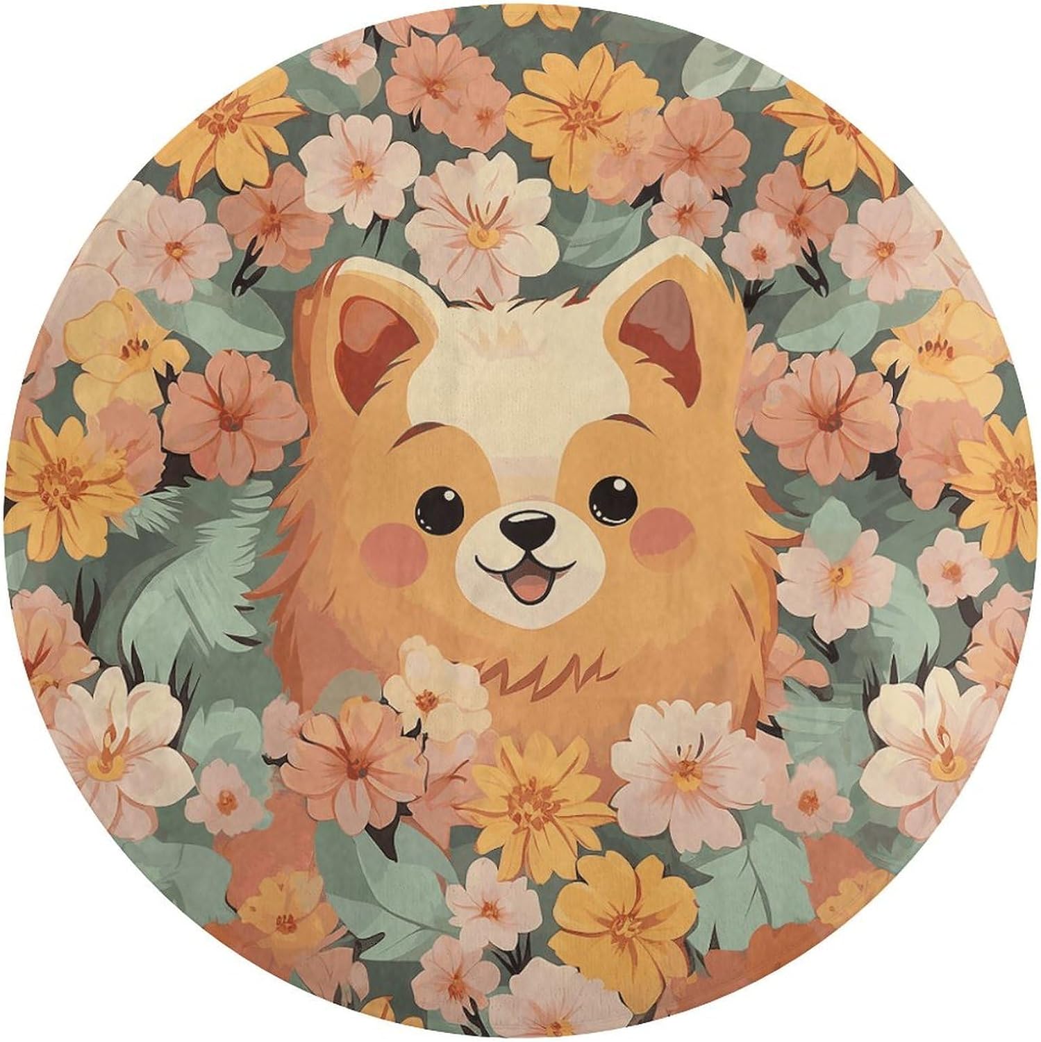 Pomeranians Cartoon Flowers Coral Velvet Round Floor Mat Non-Slip Bath Rug Floor Covering for Bathroom Vanity Guest Suite & Vacation Home