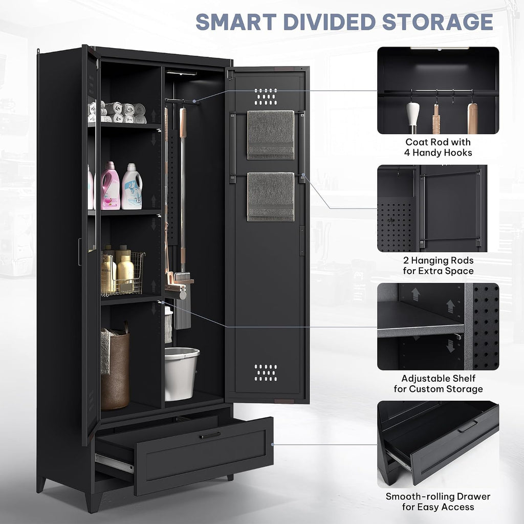 YITAHOME 71' Metal Garage Broom Cabinets with Adjustable Shelves, Vacuum Storage Cabinet with Doors and Drawer, Tool Storage Cabinet for Gym, Basement, Warehouse, Black